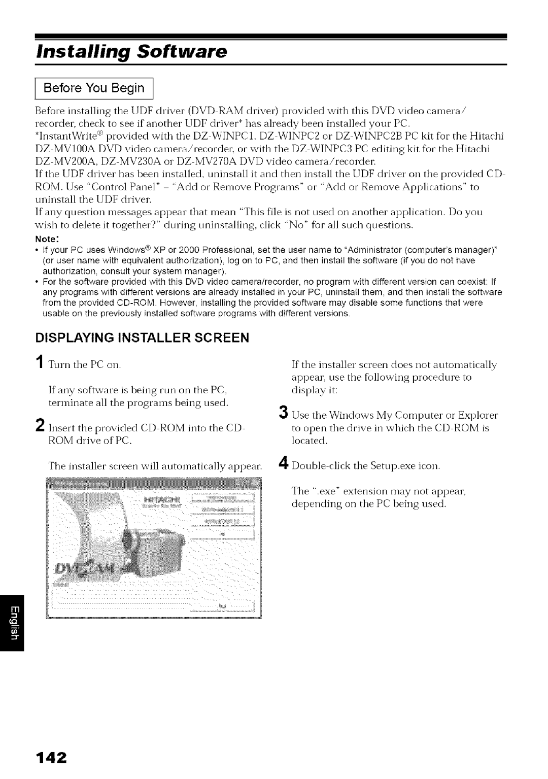 Hitachi DZ-MV780A instruction manual Installing Software, 142, Displaying, Installer Screen 