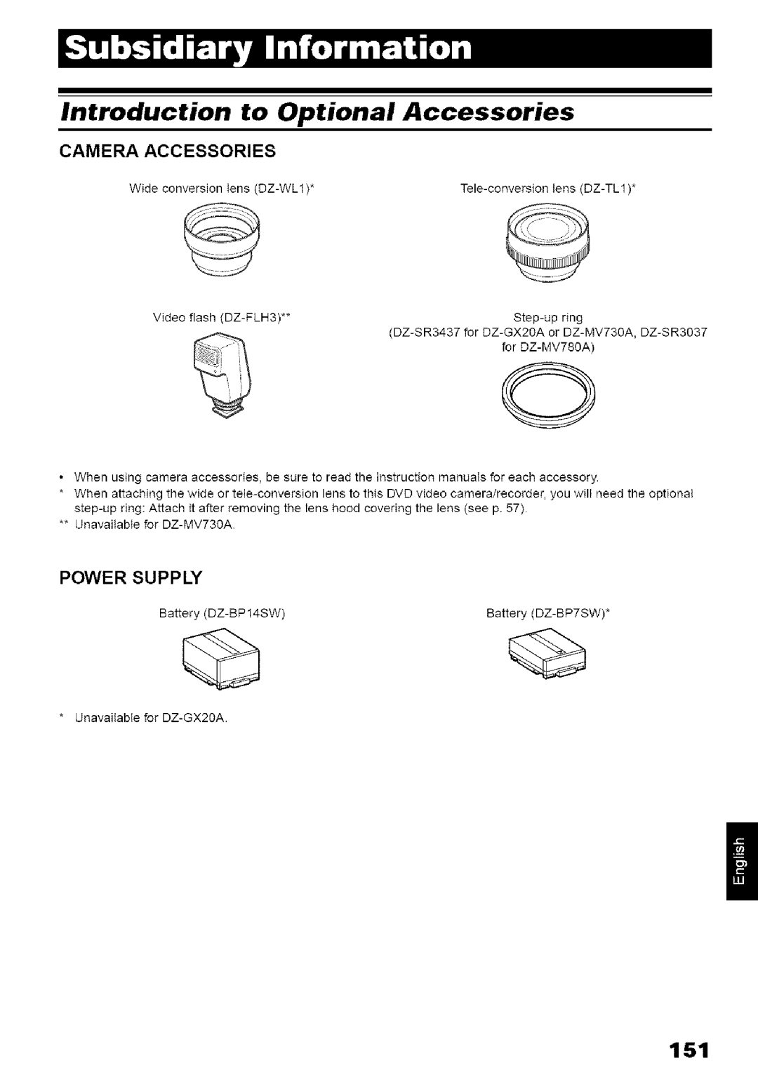 Hitachi DZ-MV780A instruction manual Introduction to Optional Accessories, 151, Camera Accessories, Power Supply 