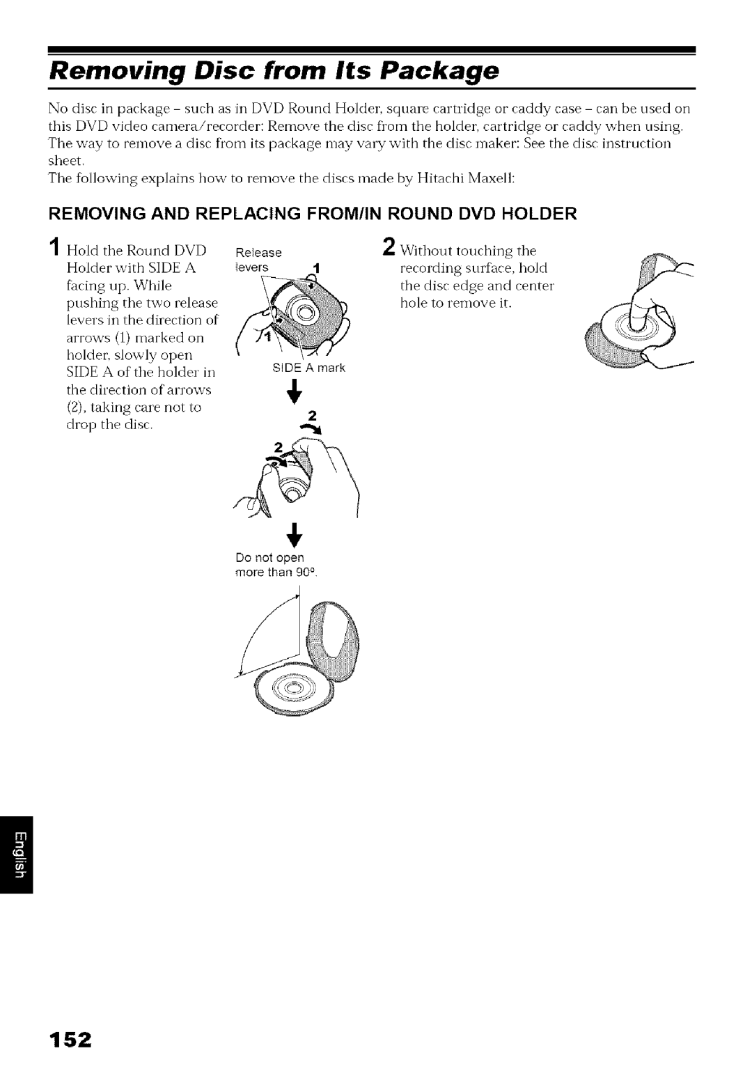 Hitachi DZ-MV780A instruction manual Removing Disc from Its Package, 152, Removing and Replacing FROM/IN Round DVD Holder 