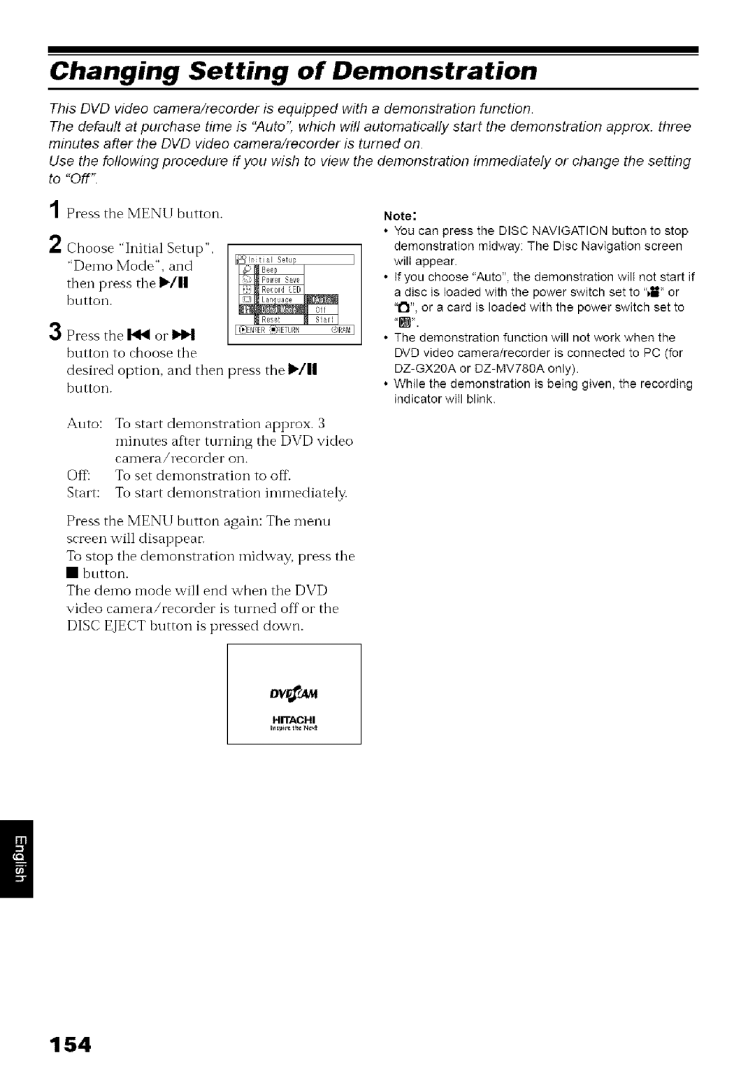 Hitachi DZ-MV780A instruction manual Changing Setting of Demonstration, 154 