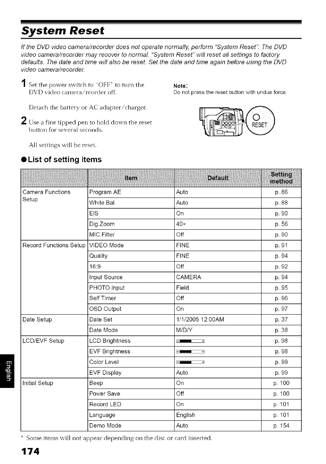 Hitachi DZ-MV780A instruction manual System Reset, List of setting items 