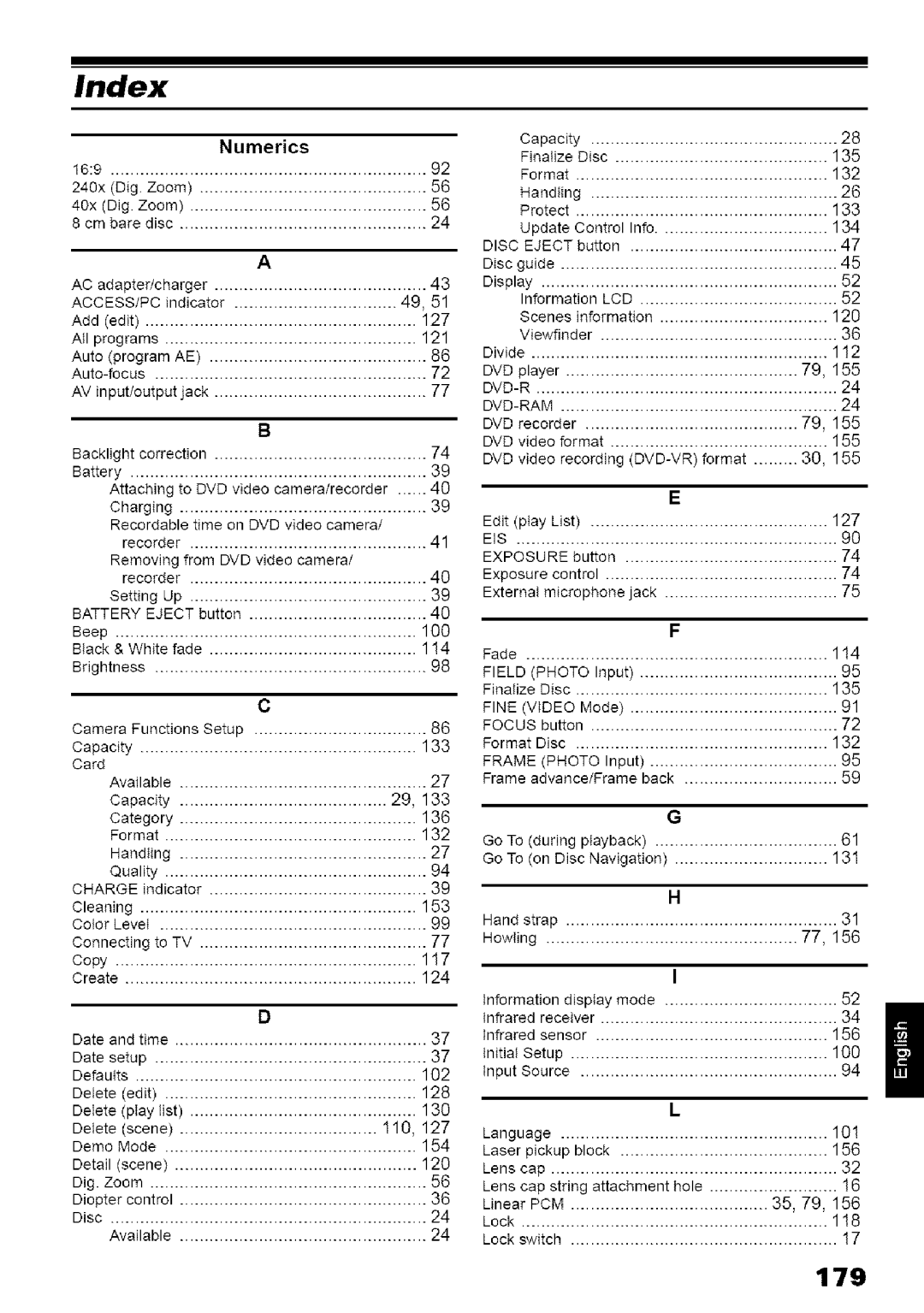 Hitachi DZ-MV780A instruction manual Index, 179 