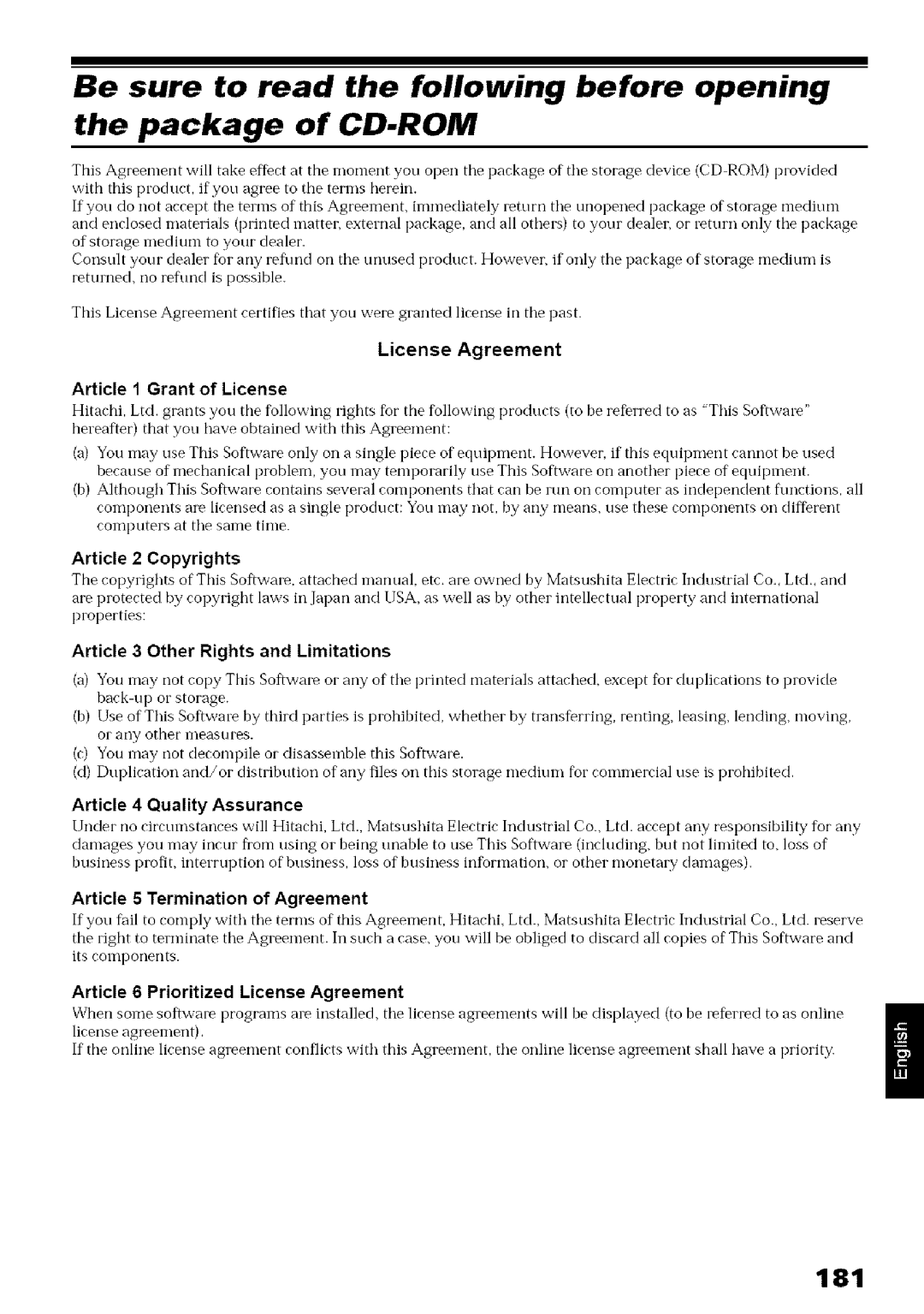 Hitachi DZ-MV780A instruction manual 181, License Agreement, Article 2 Copyrights, Article 4 Quality Assurance 