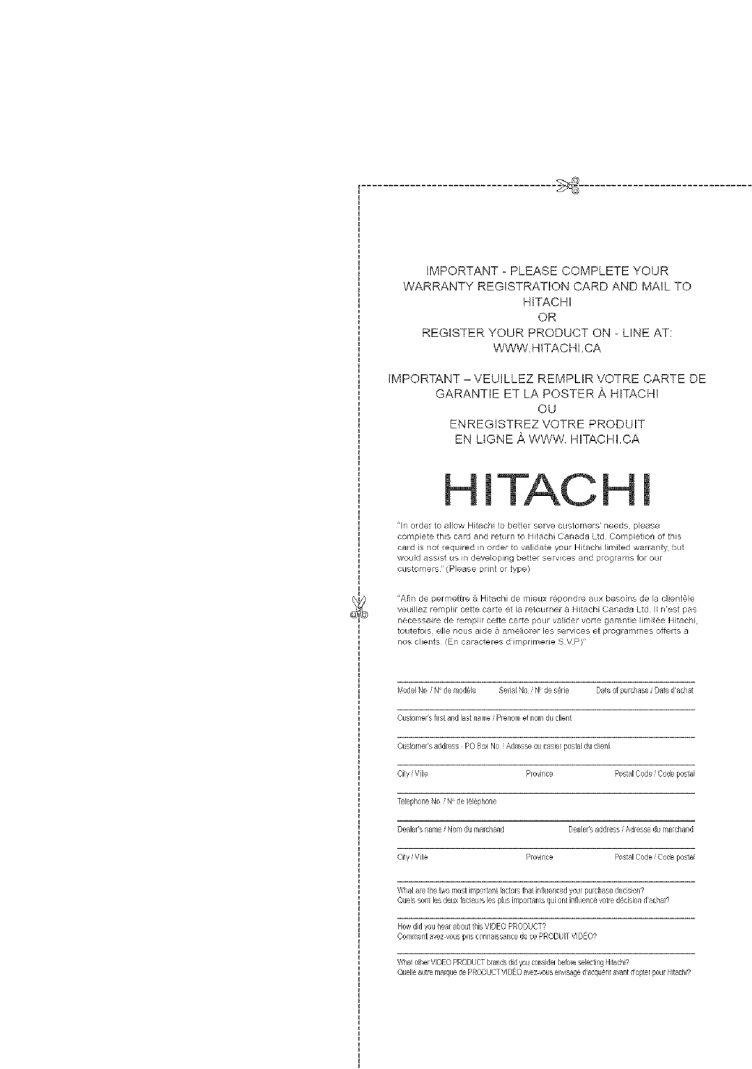 Hitachi DZ-MV780A instruction manual Hitachi Register Your Product on Line AT WWW Hitachi .CA 