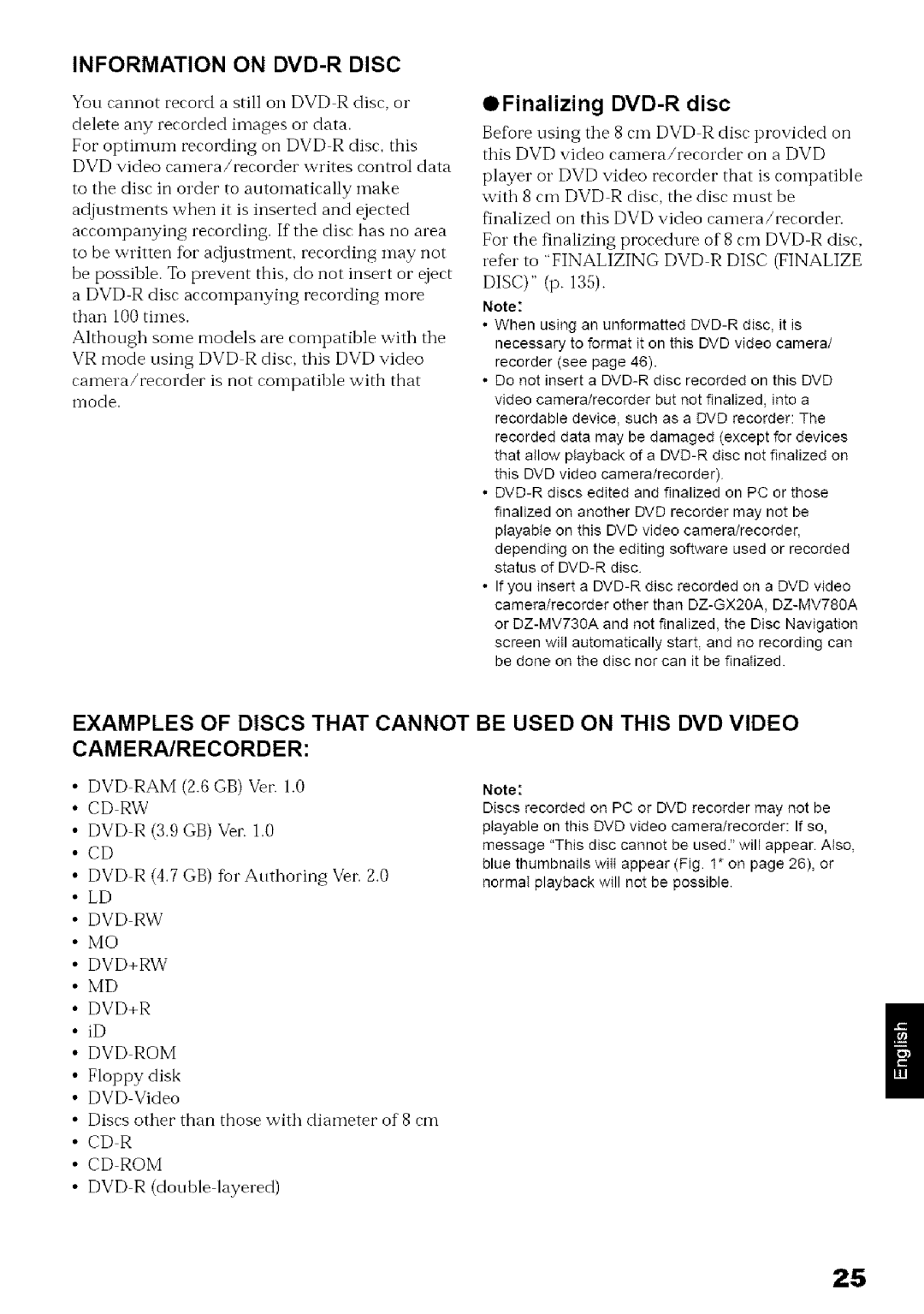 Hitachi DZ-MV780A instruction manual Information on DVD-R Disc, OFinalizing DVD-R disc, Camera/Recorder 