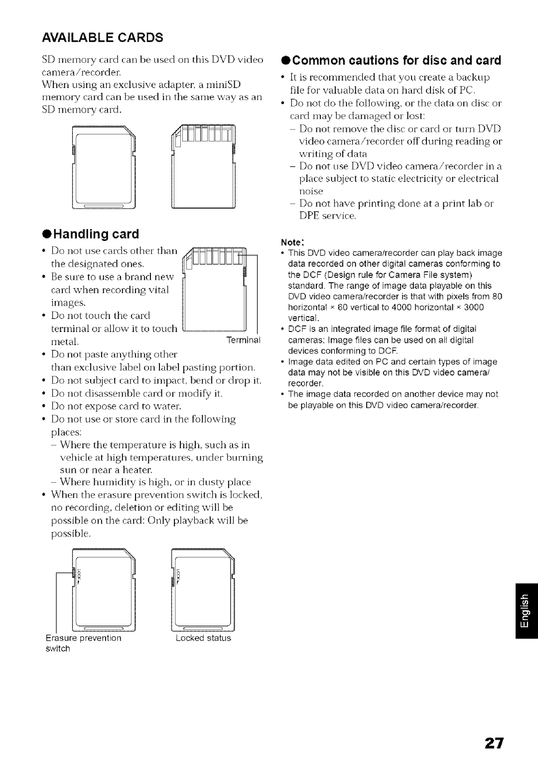 Hitachi DZ-MV780A instruction manual Available Cards, OHandling card, OCommon cautions for disc and card 