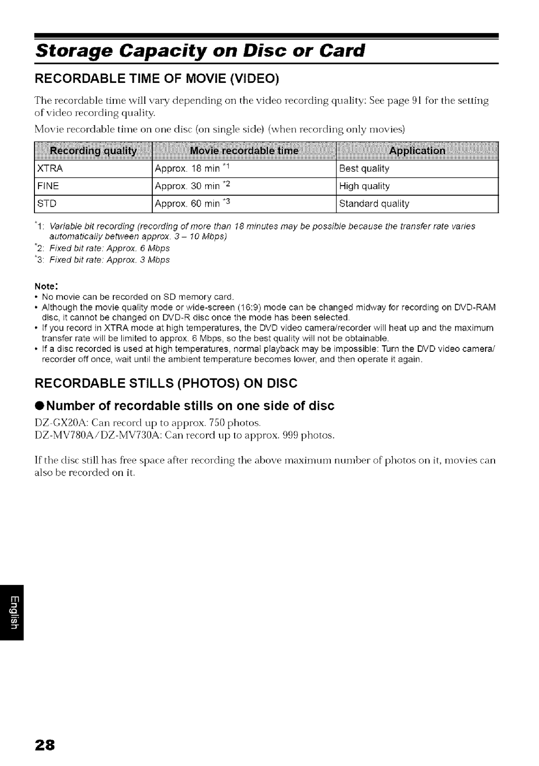 Hitachi DZ-MV780A instruction manual Storage Capacity Disc Card, Time of Movie Video, Recordable Stills Photos on Disc 