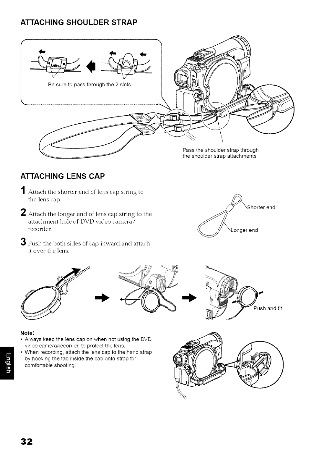 Hitachi DZ-MV780A instruction manual Attaching Shoulder Strap, Attaching Lens CAP 