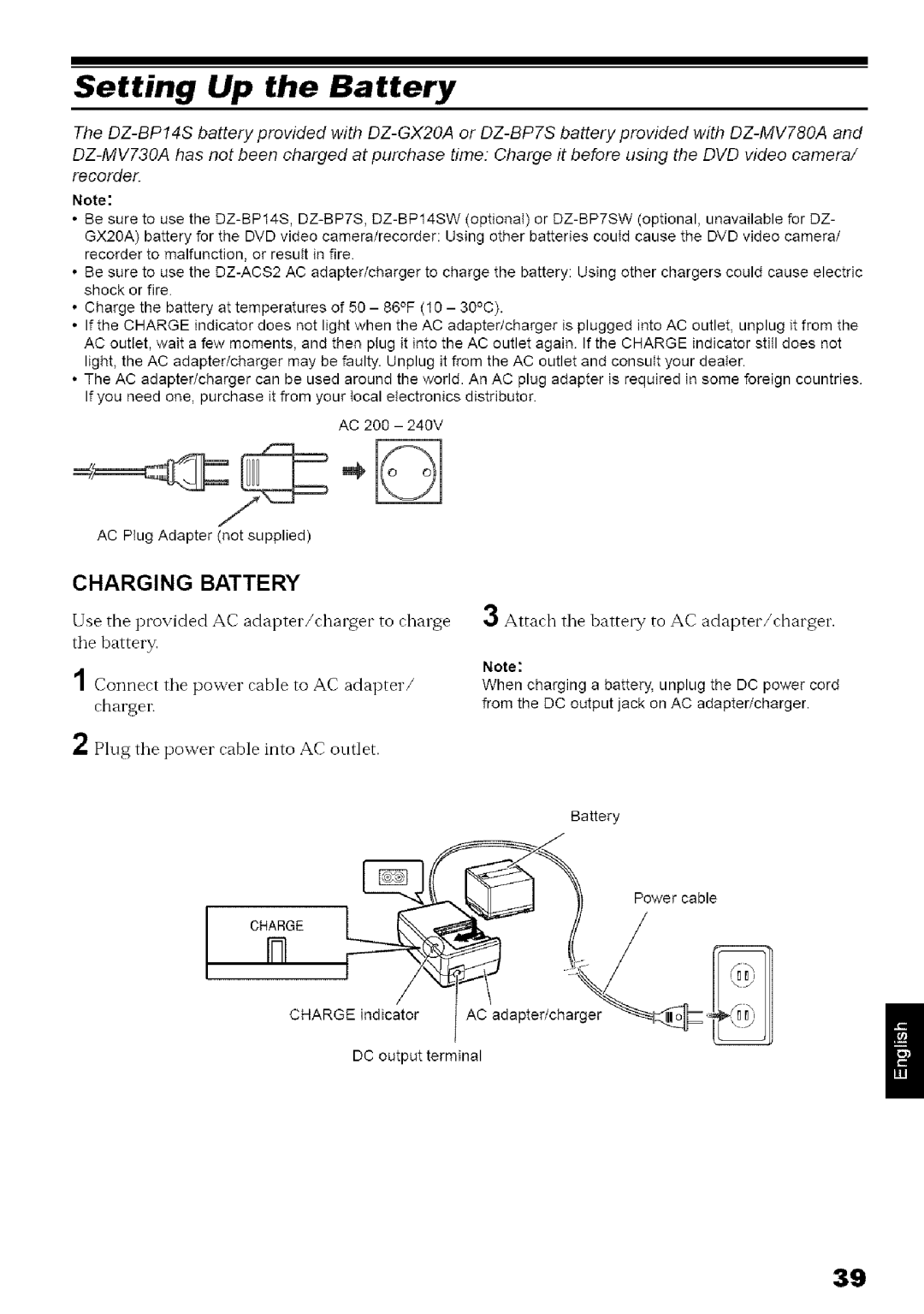 Hitachi DZ-MV780A instruction manual Setting Up the Battery, Charging Battery 