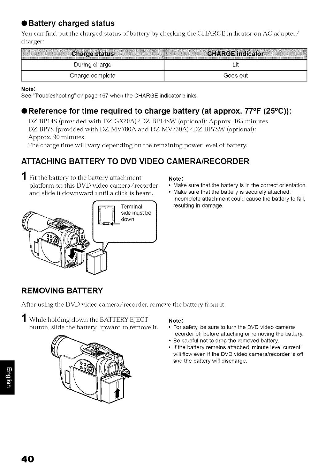 Hitachi DZ-MV780A Battery charged status, Attaching Battery to DVD Video CAMERA/RECORDER, Removing Battery 