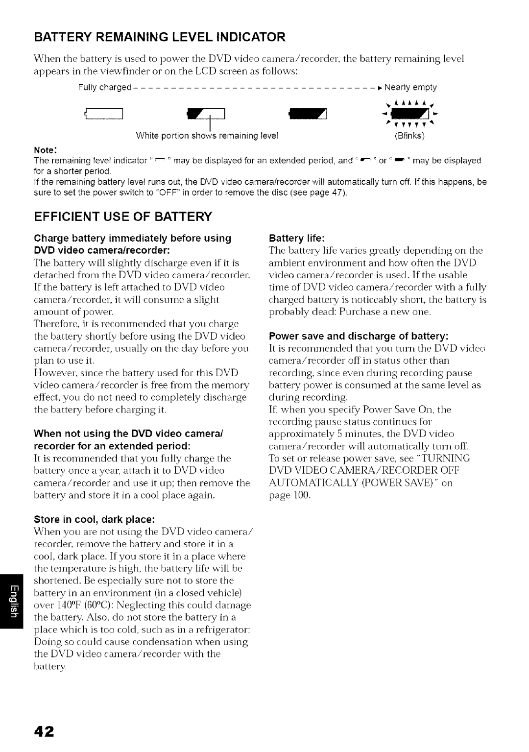 Hitachi DZ-MV780A Battery Remaining Level Indicator, Efficient USE of Battery, Fully charged Nearly empty, Battery life 