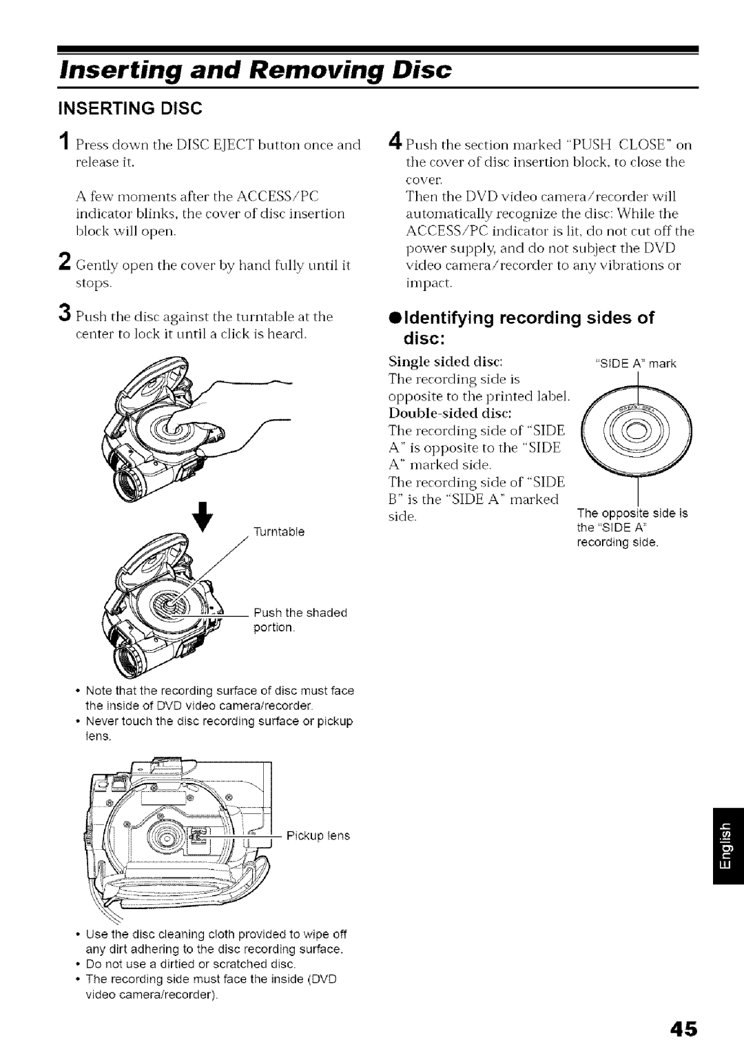 Hitachi DZ-MV780A Inserting and Removing, Inserting Disc, Tens, Identifying recording sides of disc, Single sided Disc 