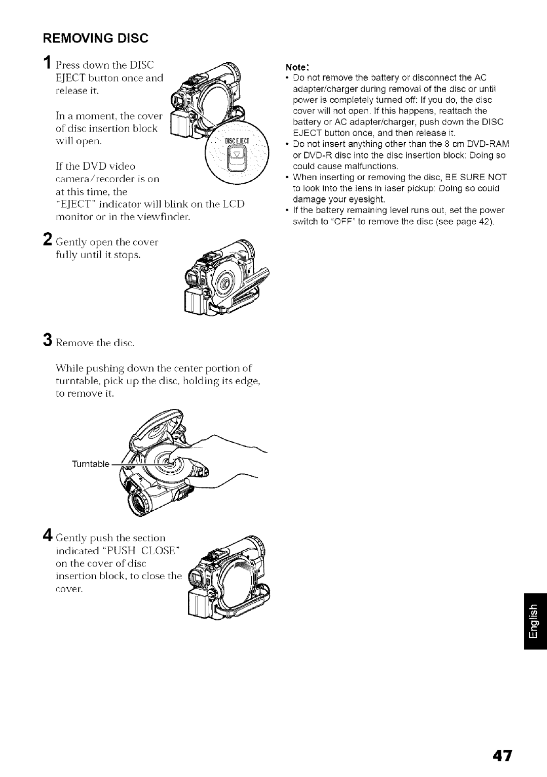 Hitachi DZ-MV780A instruction manual Removing Disc, Gently open tile cover Fiflly tmtil it stops, Remove tile disc 