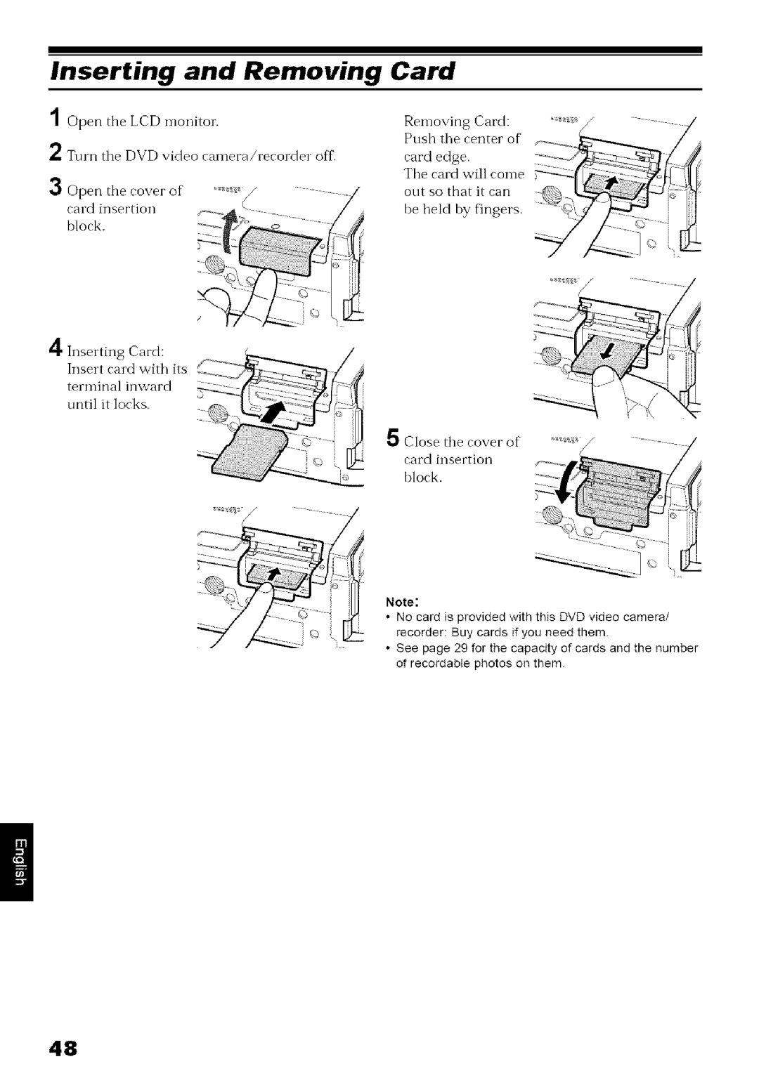 Hitachi DZ-MV780A instruction manual Inserting and Removing Card, Block Inserting Card Terminal Inward Card with its Until 