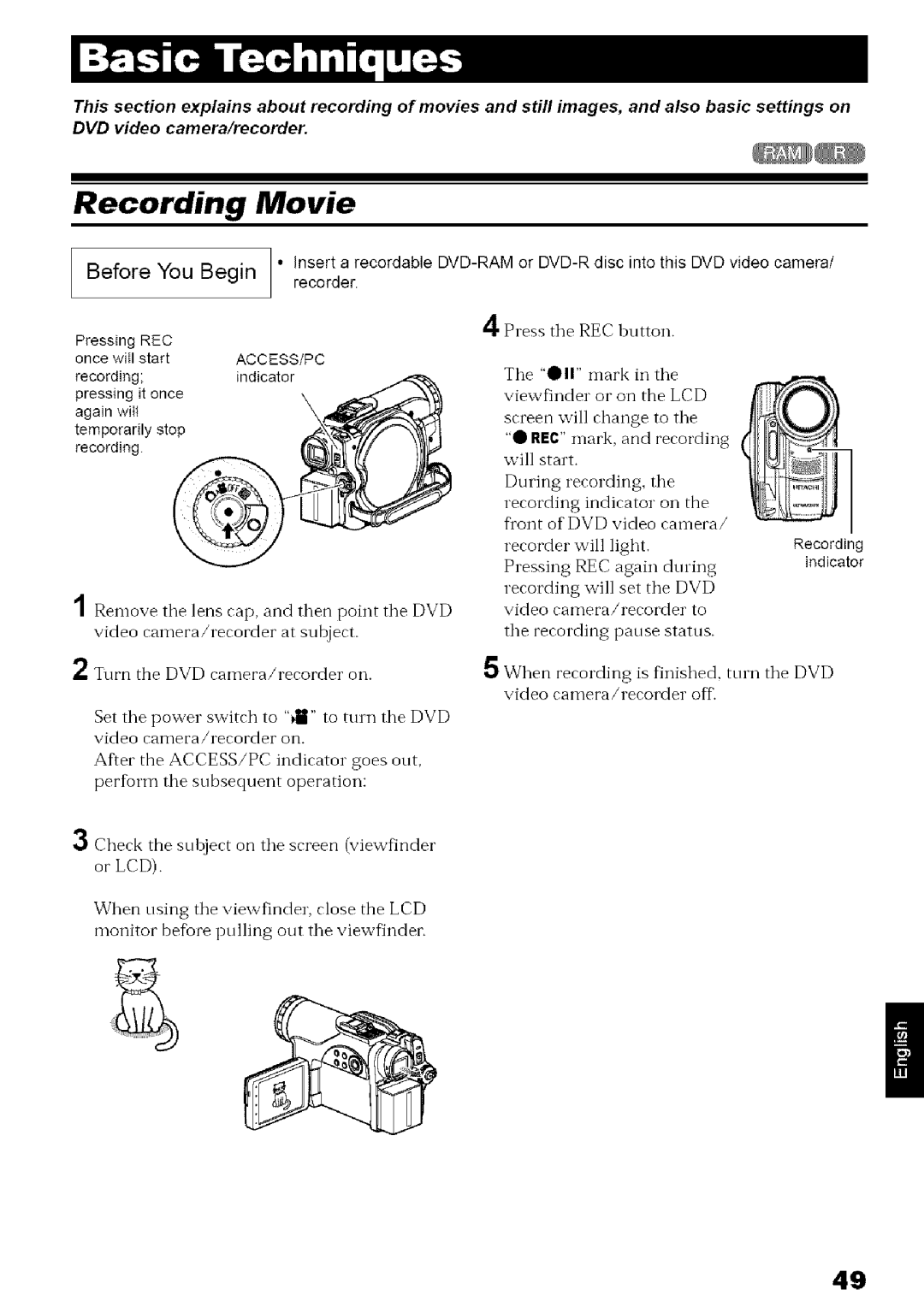 Hitachi DZ-MV780A instruction manual Once witl start, Pressing it once, Again will, Temporarily stop, Recording Indicator 