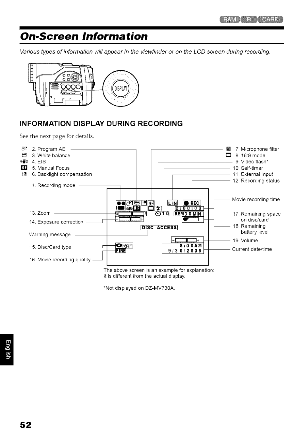 Hitachi DZ-MV780A On-Screen Information, Information Display During Recording, See the next page fbr details, Eis 