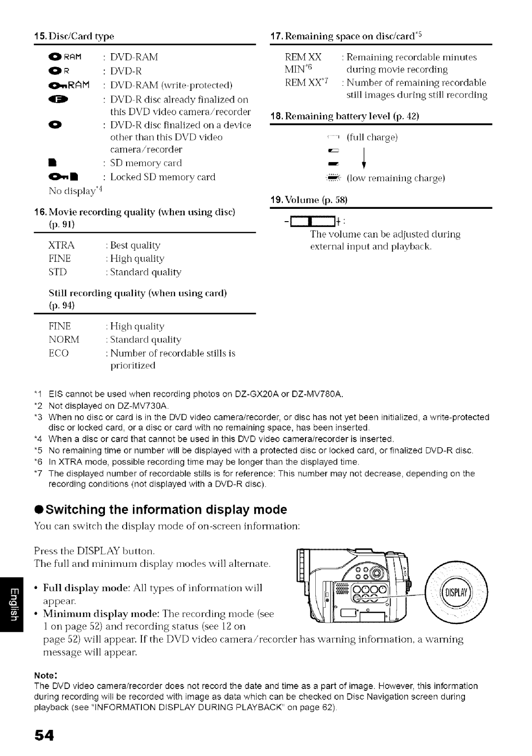 Hitachi DZ-MV780A OSwitching the information display mode, External Input and playback, Message will appeai 