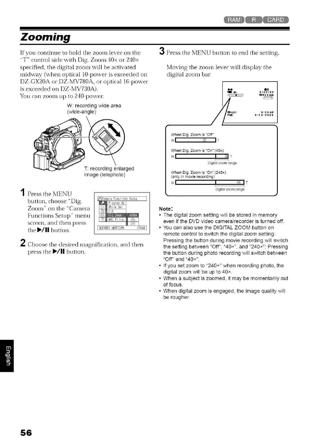 Hitachi DZ-MV780A instruction manual Zooming, Recording wide area wide-angle Ged Image teIephoto 