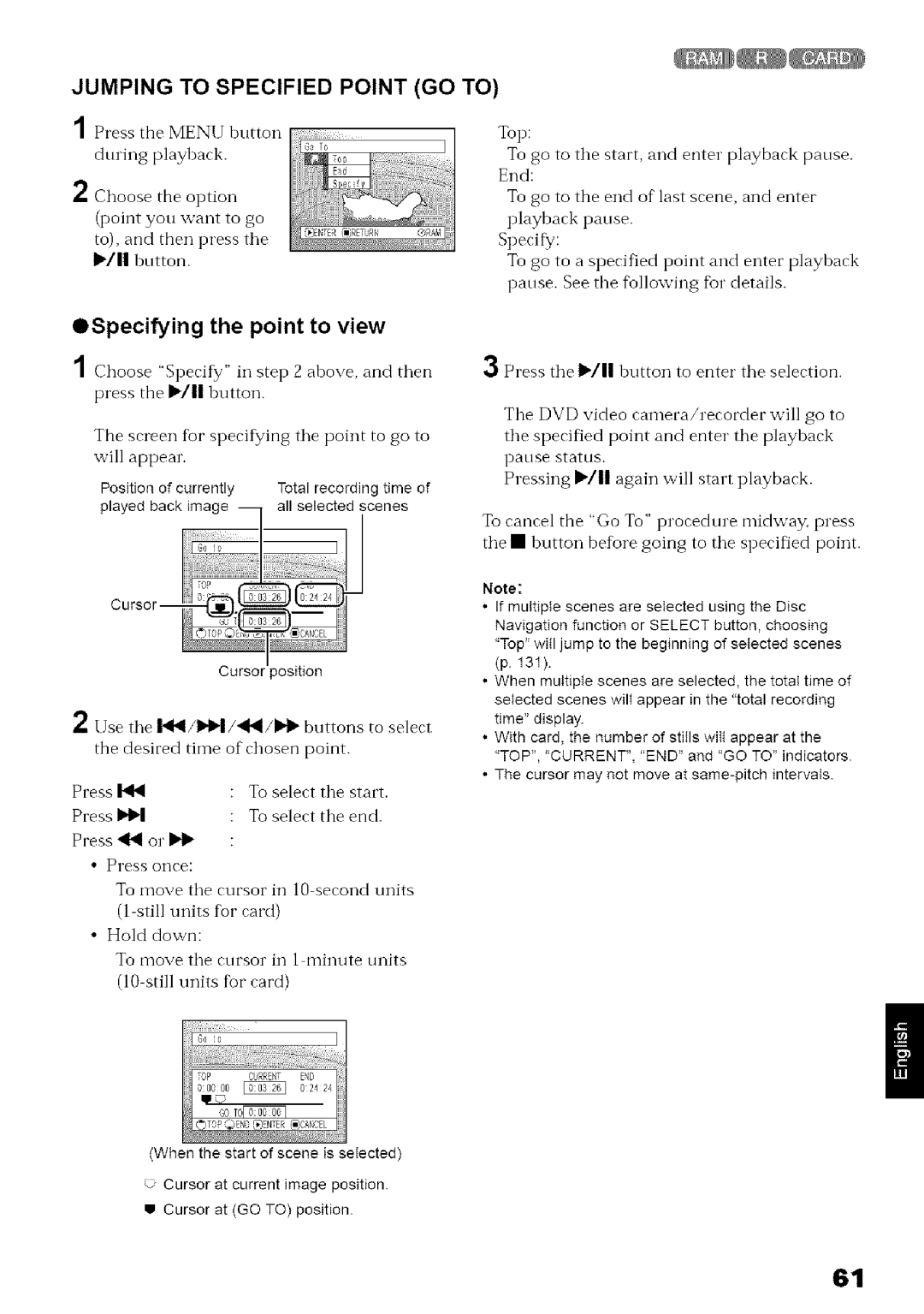 Hitachi DZ-MV780A Jumping to Specified, Point GO to, OSpecifying the point to view, Press the Menu button during playback 