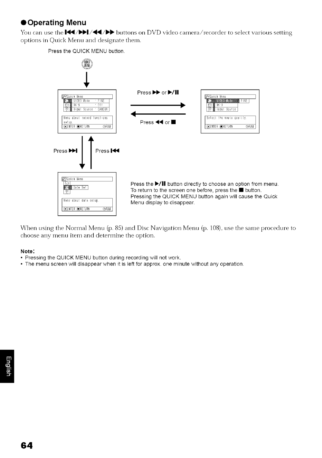 Hitachi DZ-MV780A instruction manual OOperating Menu 