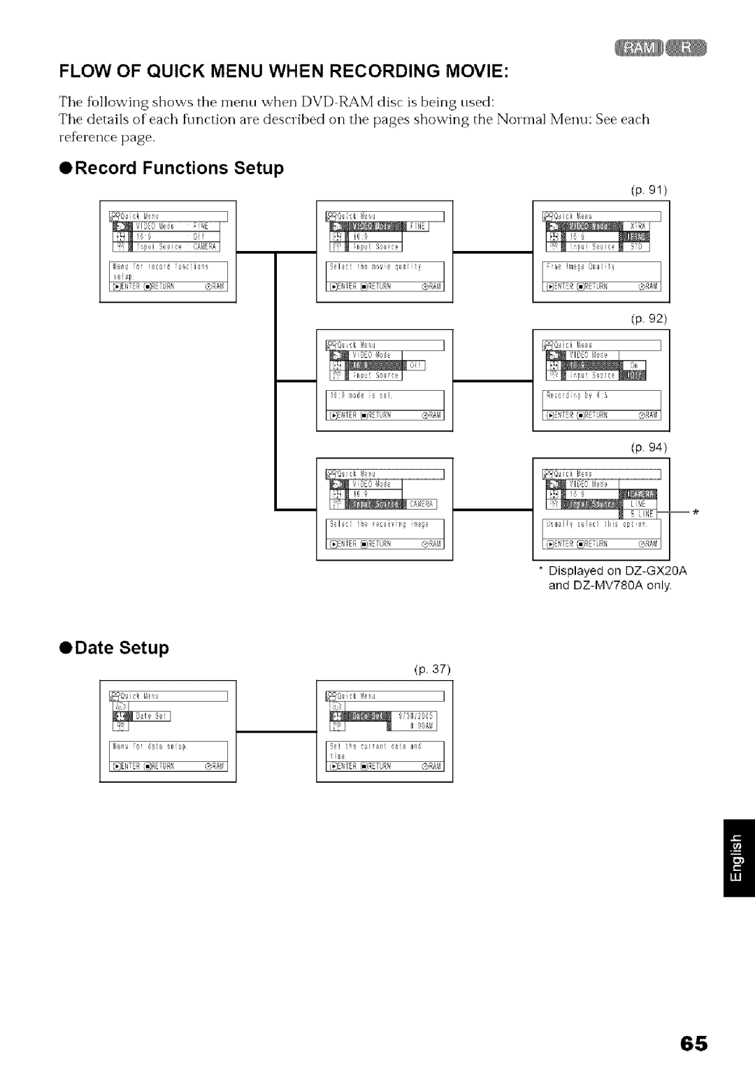 Hitachi DZ-MV780A instruction manual Flow of Quick Menu When Recording Movie, ODate Setup, ORecord Functions Setup 