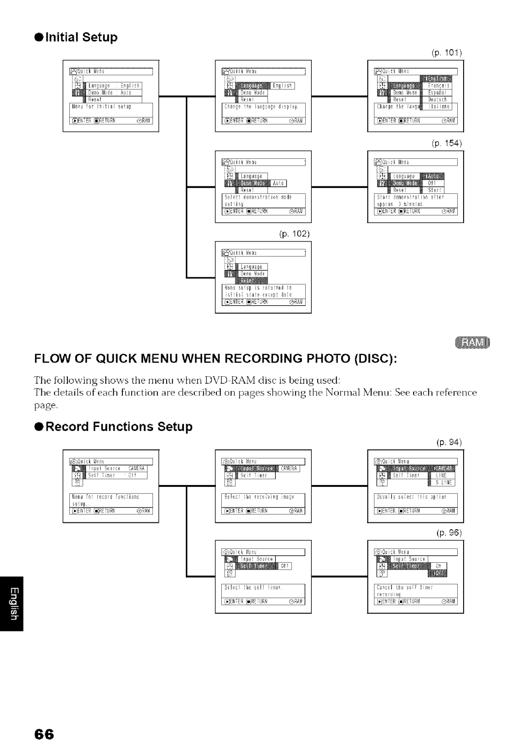 Hitachi DZ-MV780A instruction manual Initial Setup, Flow of Quick Menu When Recording Photo Disc, Record Functions Setup 