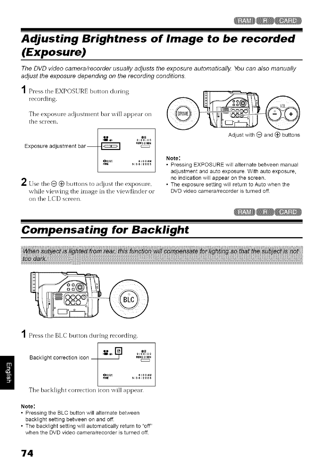 Hitachi DZ-MV780A instruction manual Adjusting Brightness of Image to be recorded Exposure, Compensating for Backlight 