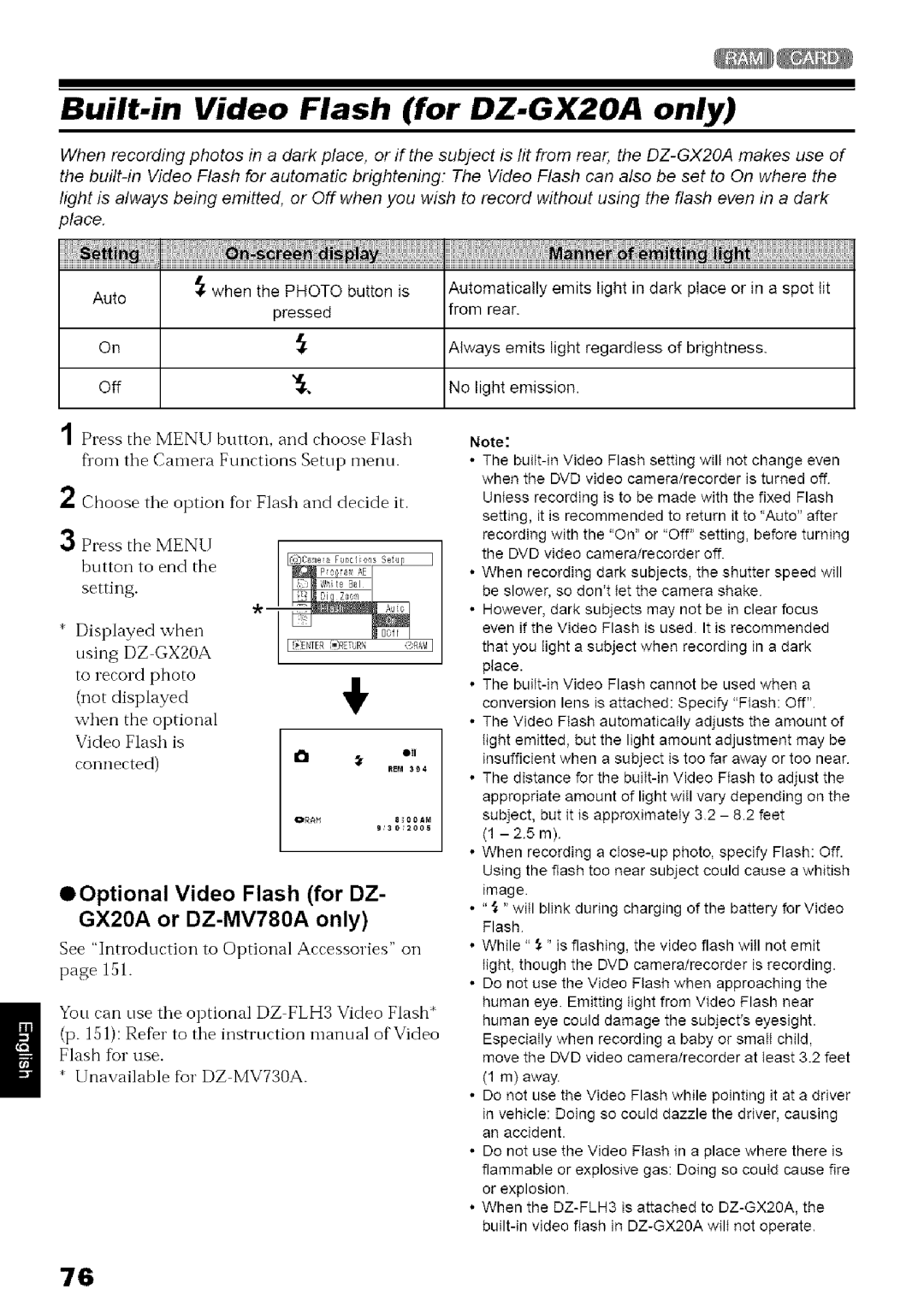 Hitachi instruction manual Built-in Video Flash for DZ-GX20A only, Optional Video Flash for DZ- GX20A or DZ-MV780A only 