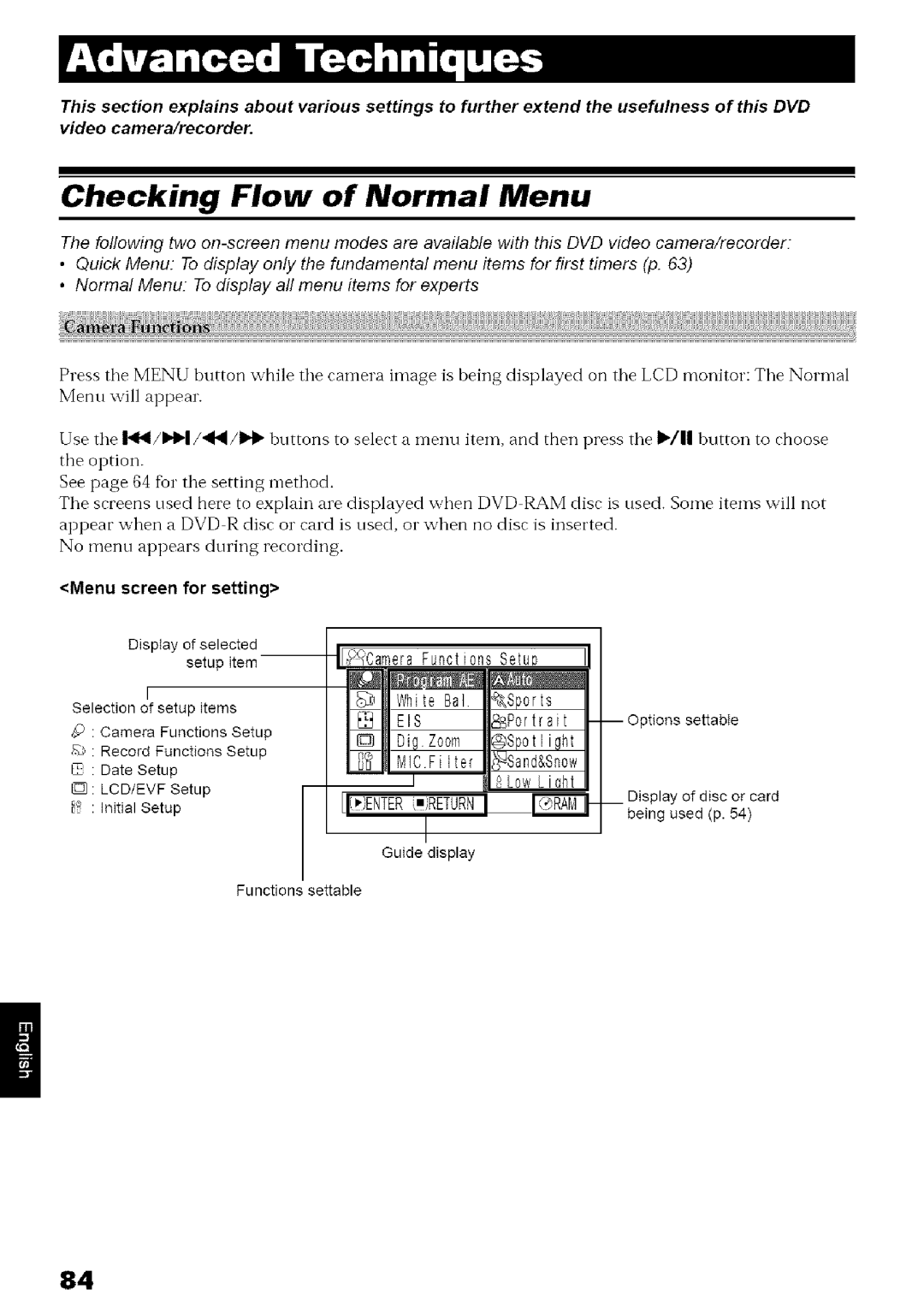 Hitachi DZ-MV780A instruction manual Checking Flow of Normal Menu, White Be, Menu screen for setting 