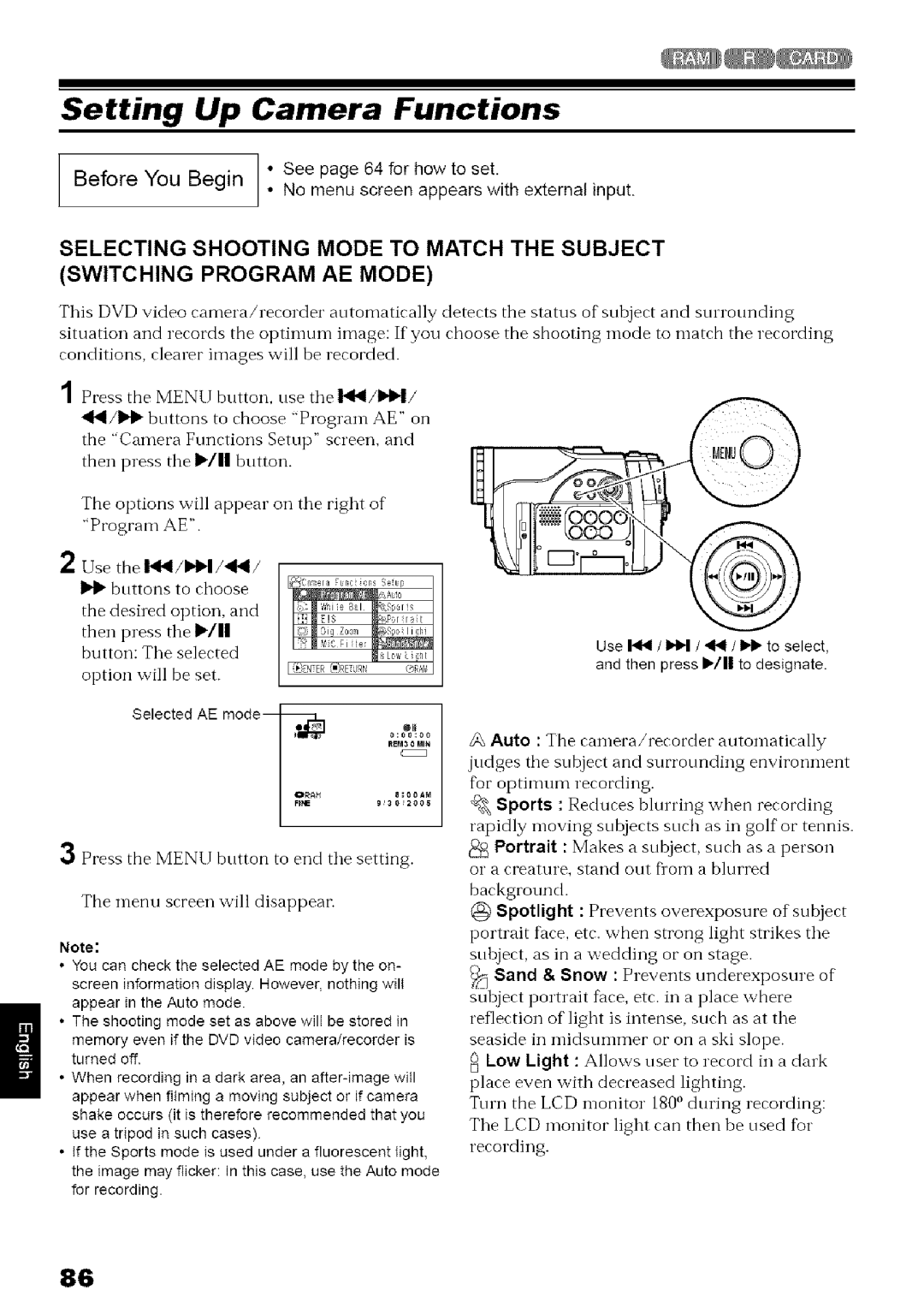 Hitachi DZ-MV780A Setting Up Camera Functions, Options will appear on the right of Program AE, Selected AE mode-- o ORAtl 