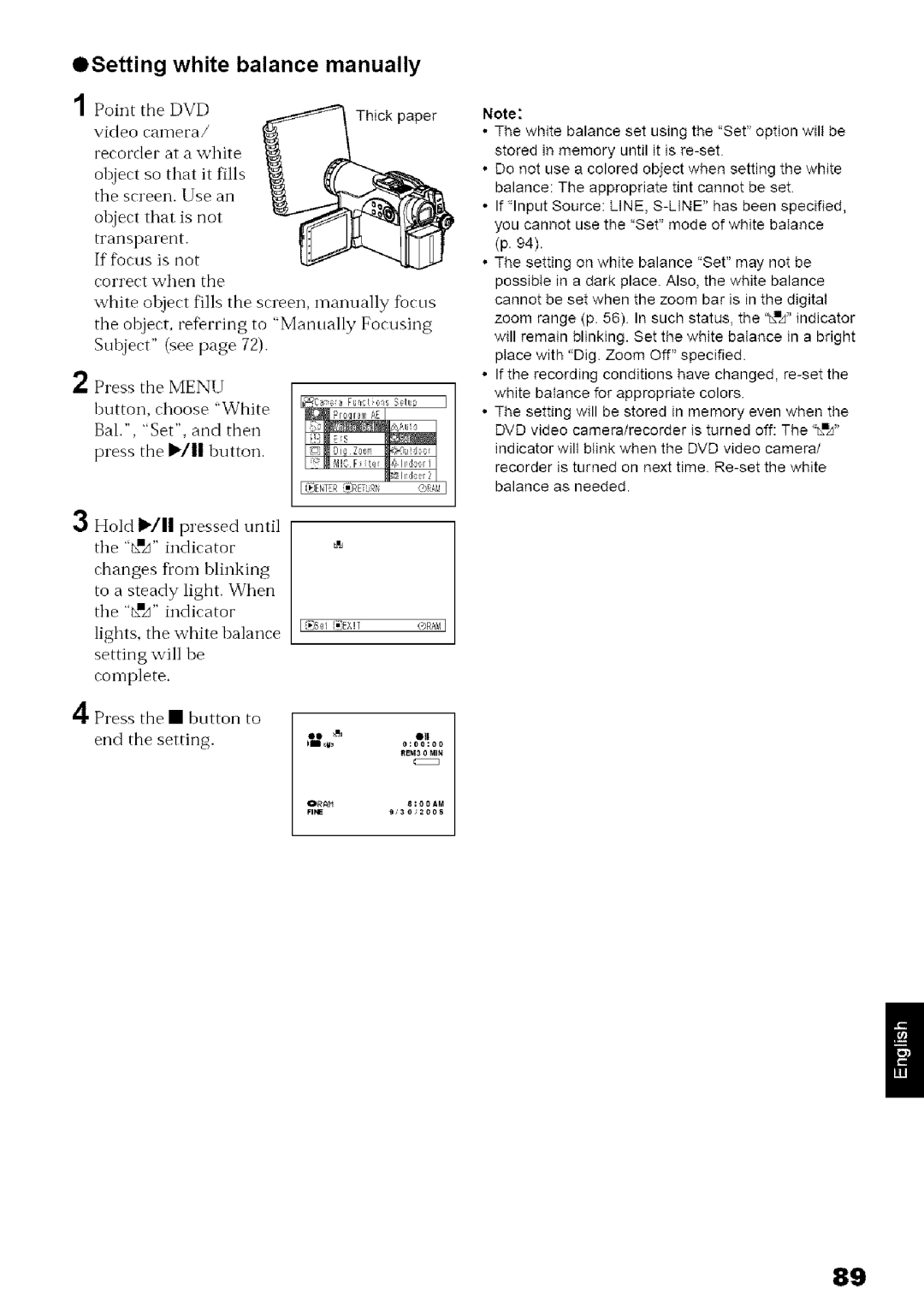 Hitachi DZ-MV780A instruction manual PointtheDVD, OSetting white balance manually 