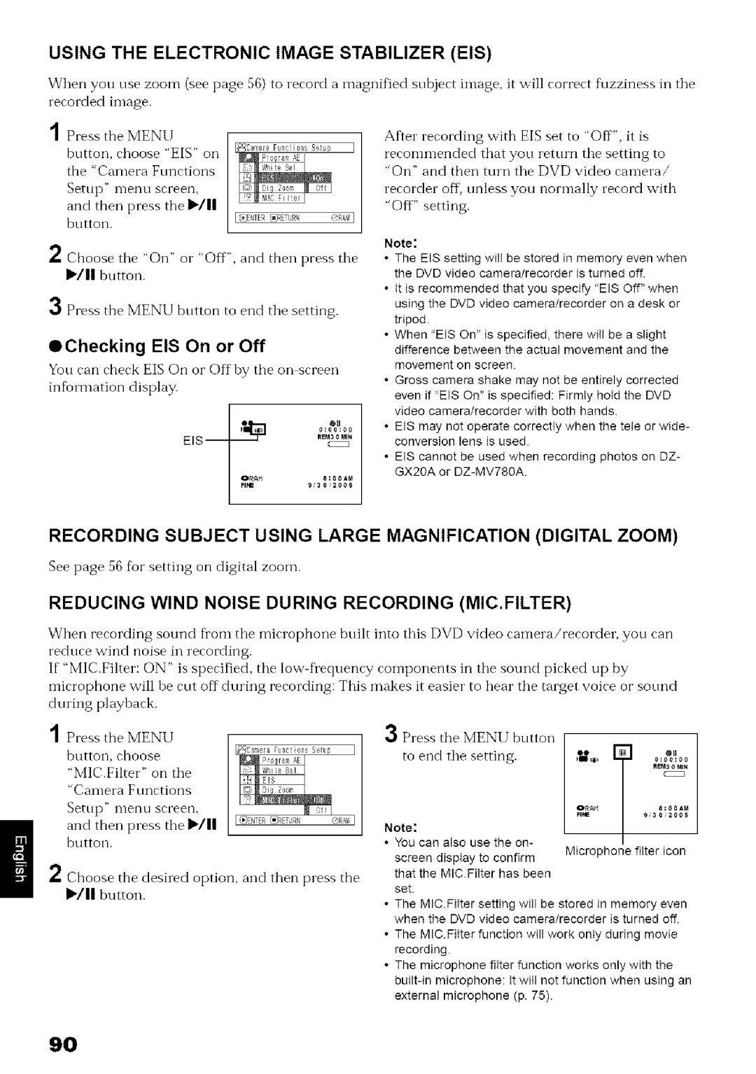 Hitachi DZ-MV780A instruction manual Using the Electronic Image Stabilizer EIS, OChecking EIS On or Off 