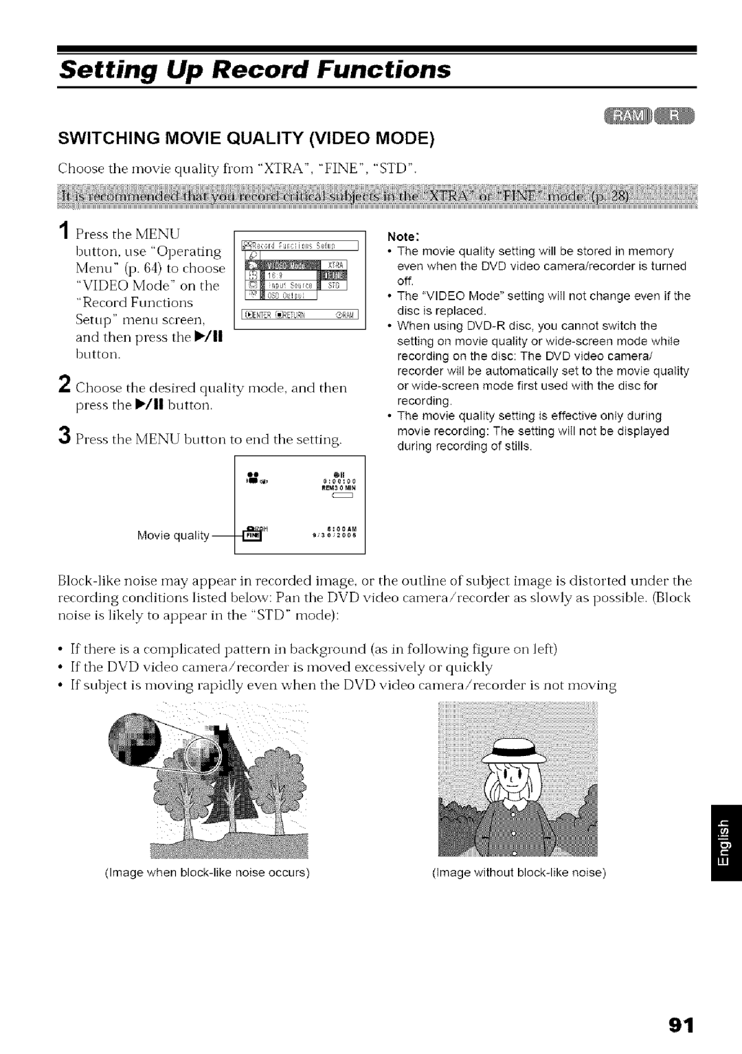 Hitachi DZ-MV780A instruction manual Setting Up Record Functions, Switching Movie Quality Video Mode 