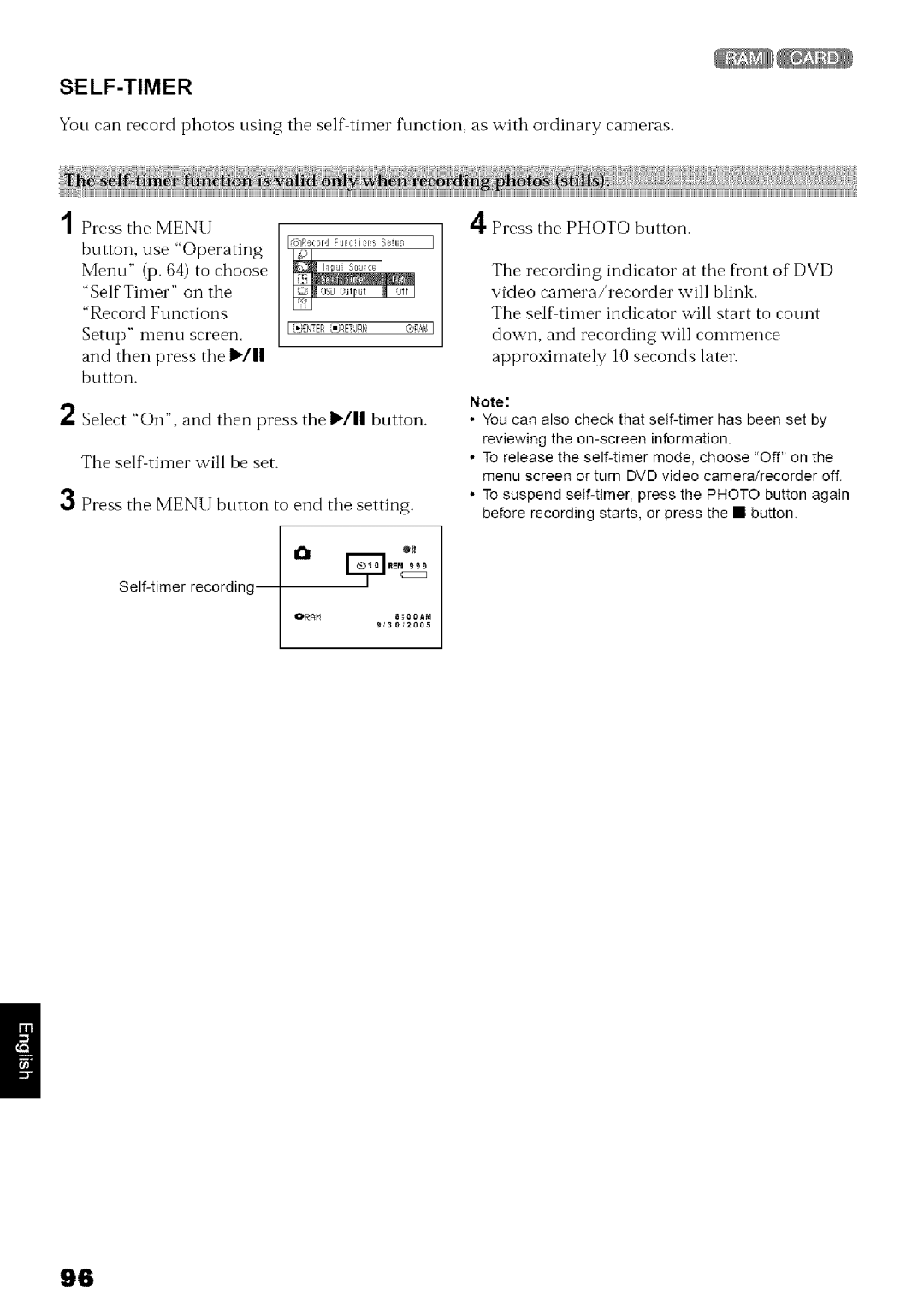 Hitachi DZ-MV780A instruction manual Self-Timer, Self-timer recording, E As with ordinary cairleras Press the Photo button 