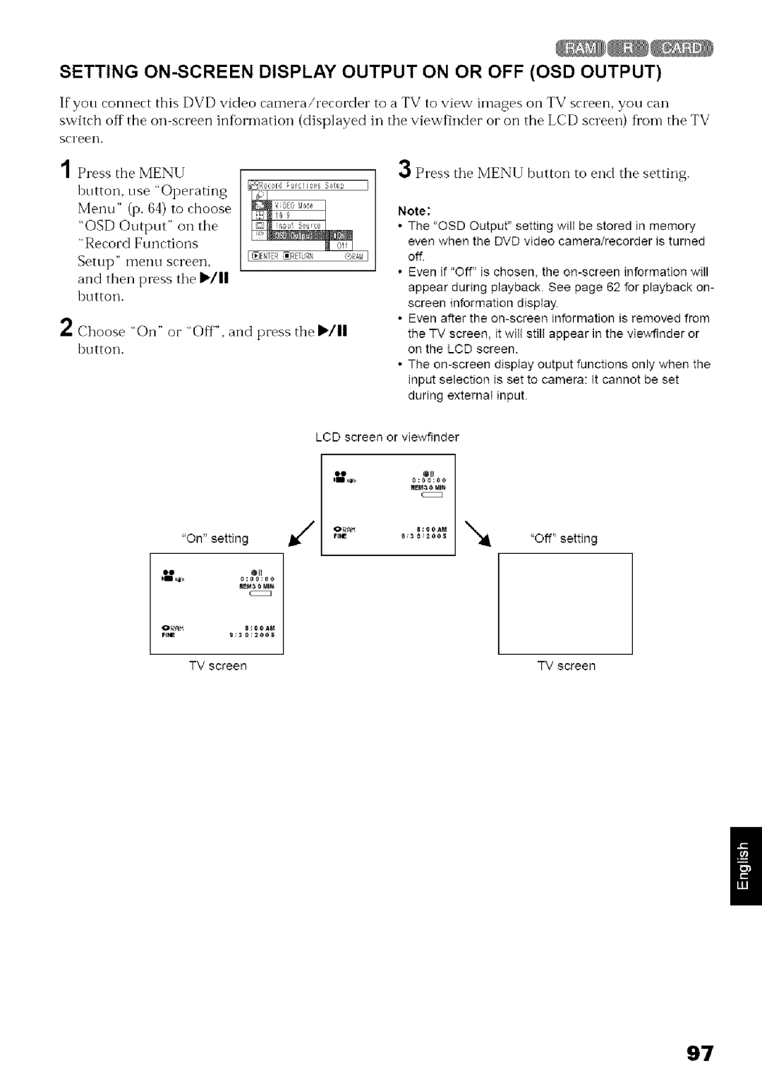 Hitachi DZ-MV780A Setting ON-SCREEN Display Output on or OFF OSD Output, Press tile Menu button to end the setting 