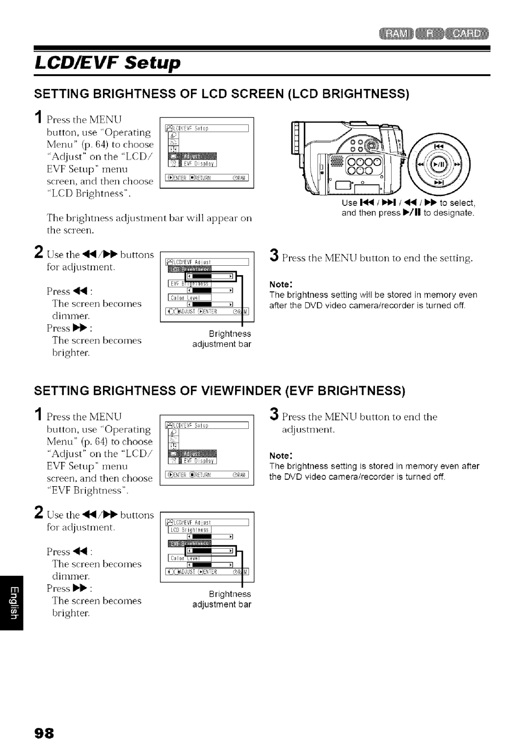 Hitachi DZ-MV780A instruction manual LCD/EVF Setup, Setting Brightness of LCD Screen LCD Brightness 