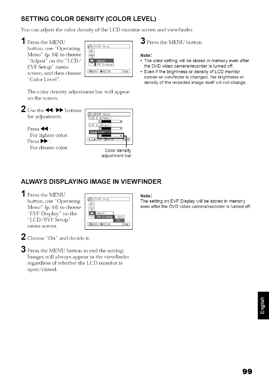 Hitachi DZ-MV780A instruction manual Setting Color Density Color Level, Always Displaying Image in VlEWFINDER 