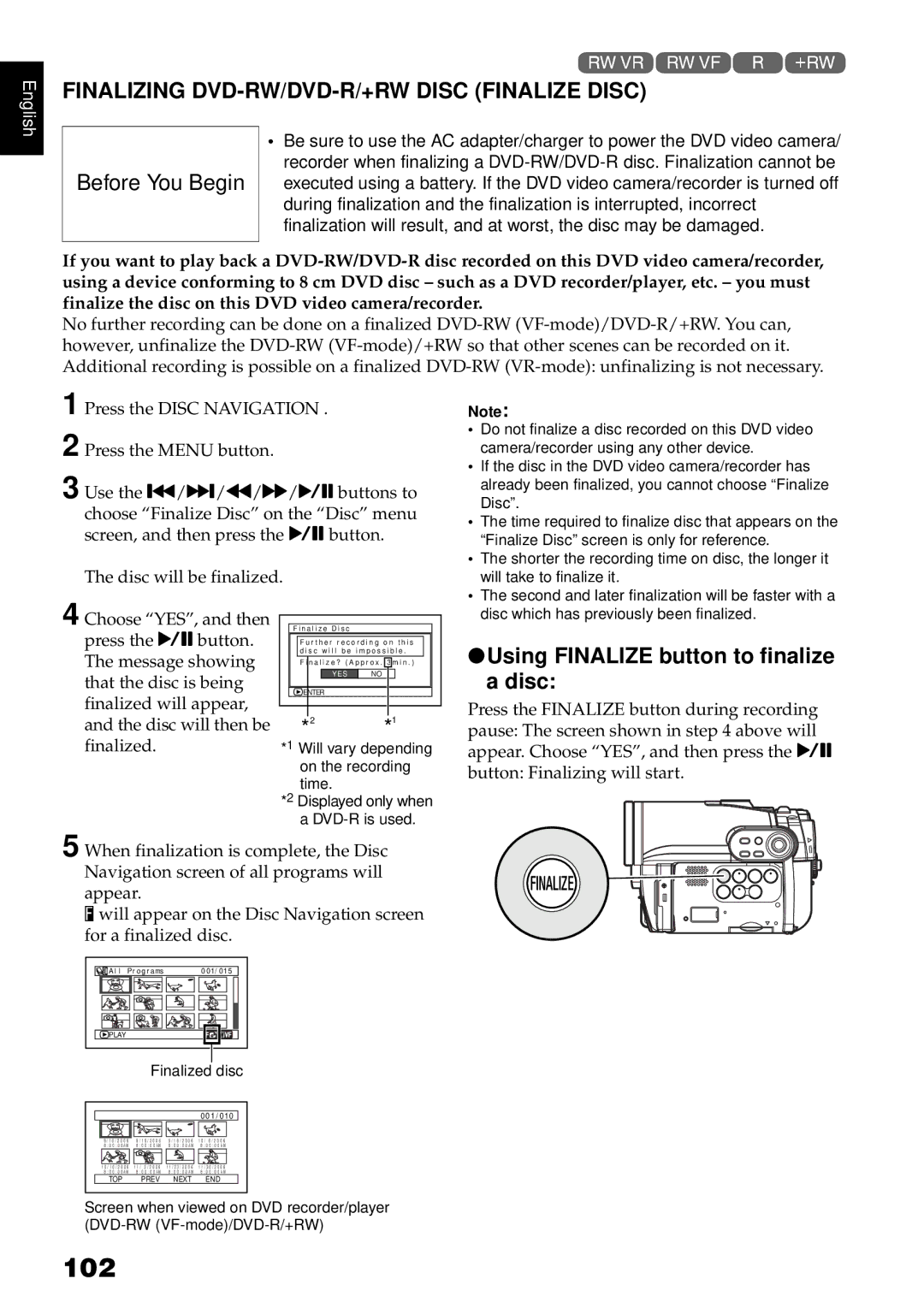 Hitachi DZBX35A 102, Finalizing DVD-RW/DVD-R/+RW Disc Finalize Disc, Using Finalize button to finalize a disc 