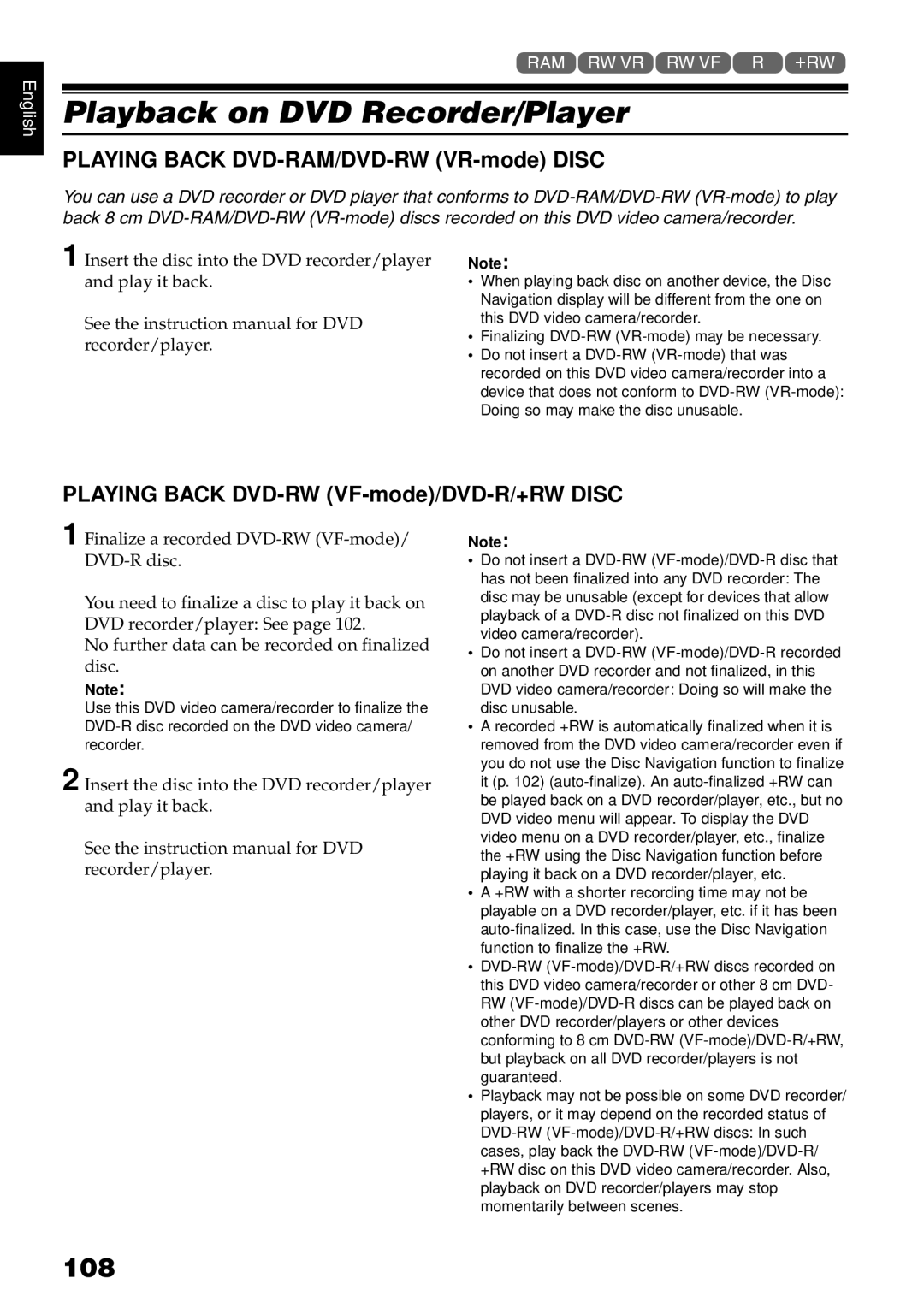 Hitachi DZBX35A instruction manual Playback on DVD Recorder/Player, 108, Playing Back DVD-RAM/DVD-RW VR-mode Disc 