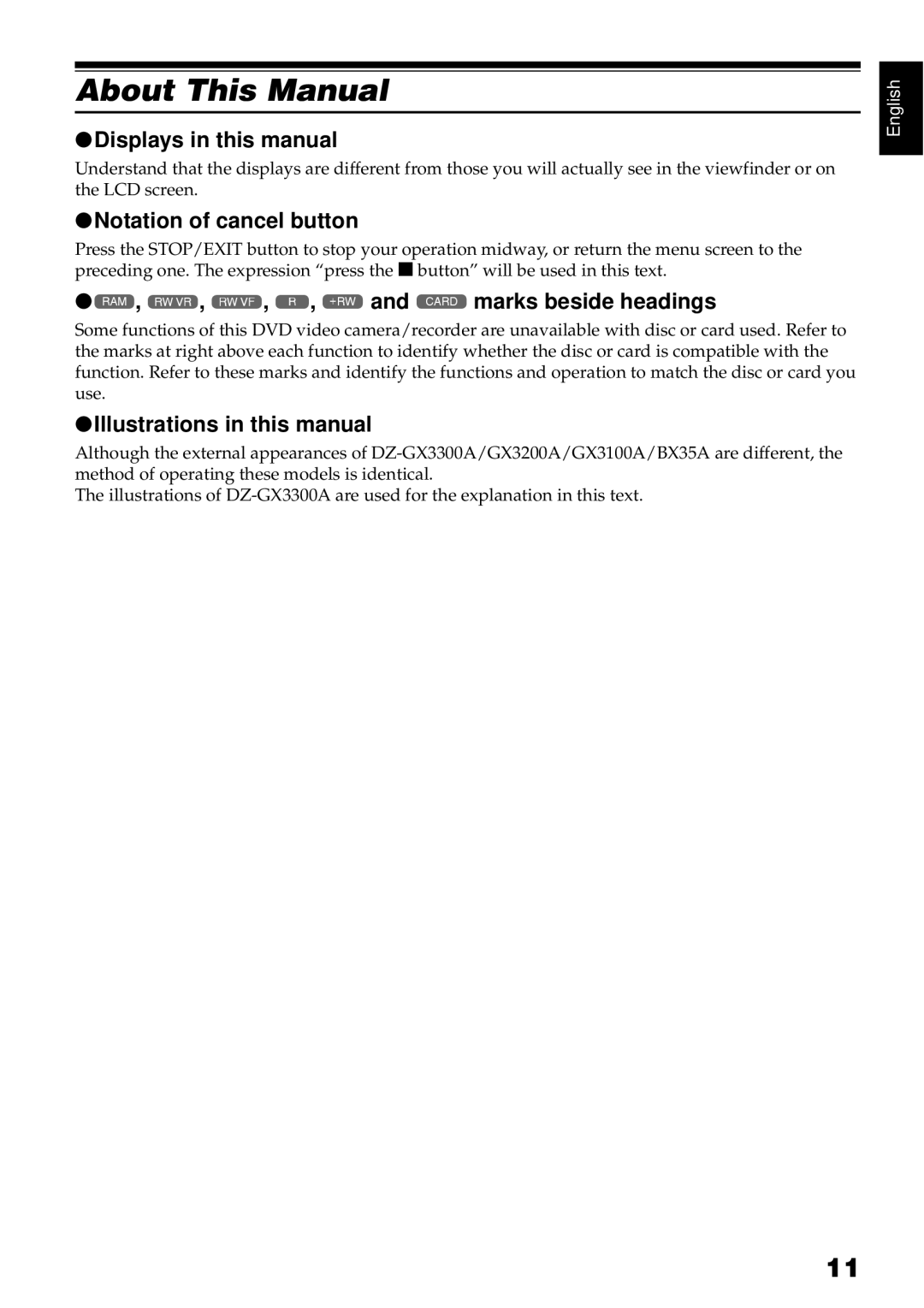 Hitachi DZBX35A About This Manual, Displays in this manual, Notation of cancel button, 3marks beside headings 