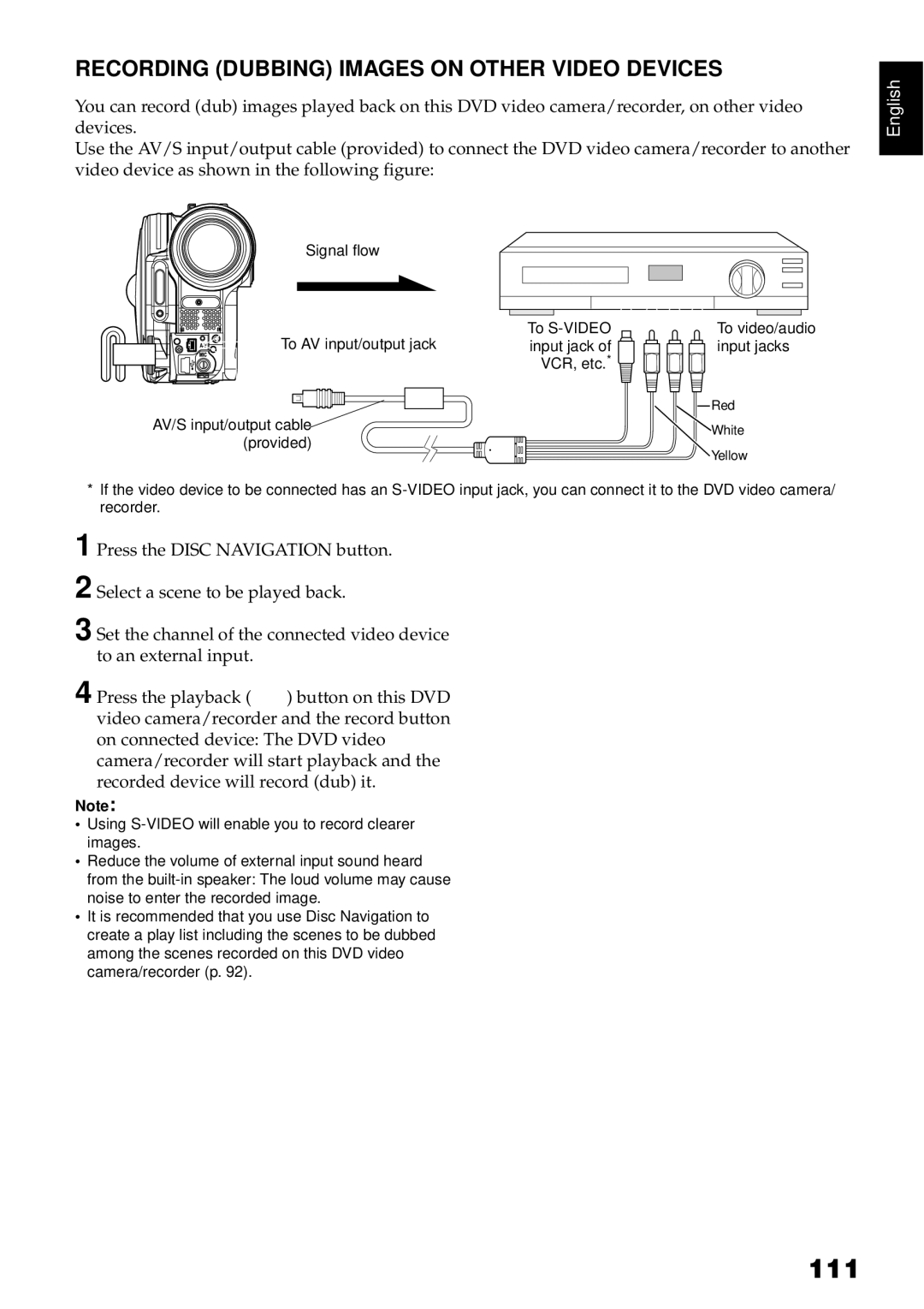 Hitachi DZBX35A instruction manual 111, Recording Dubbing Images on Other Video Devices 