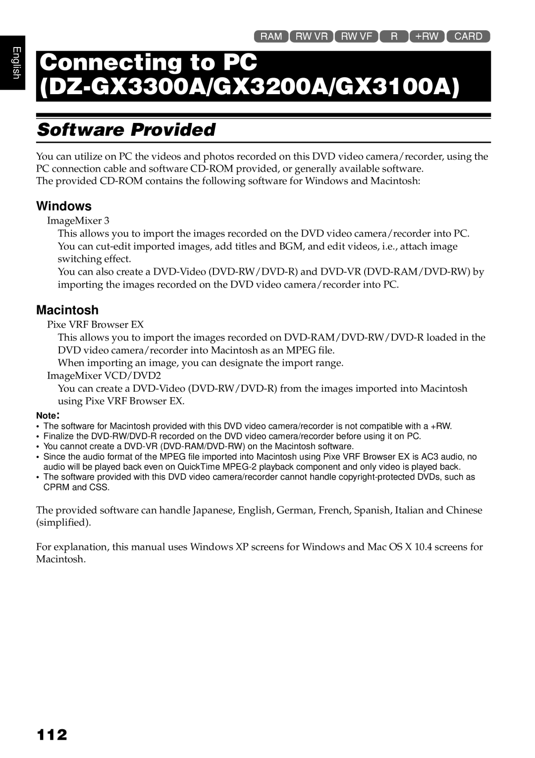 Hitachi DZBX35A instruction manual Software Provided, 112, Windows, Macintosh 