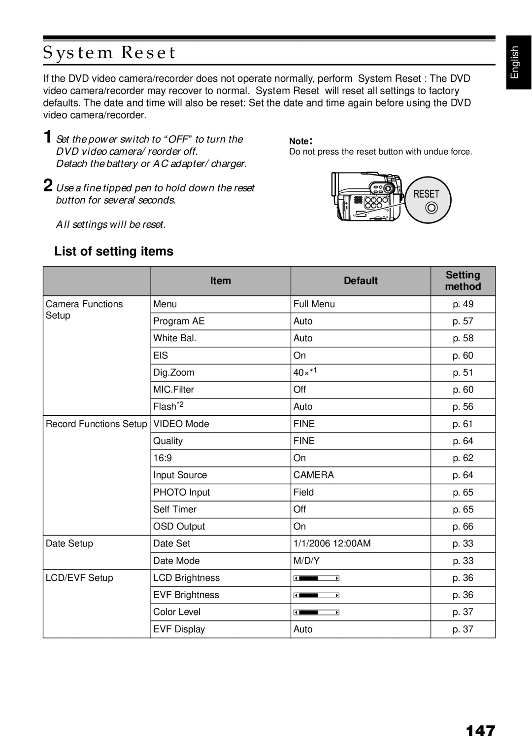 Hitachi DZBX35A instruction manual System Reset, 147, List of setting items, Default Setting 