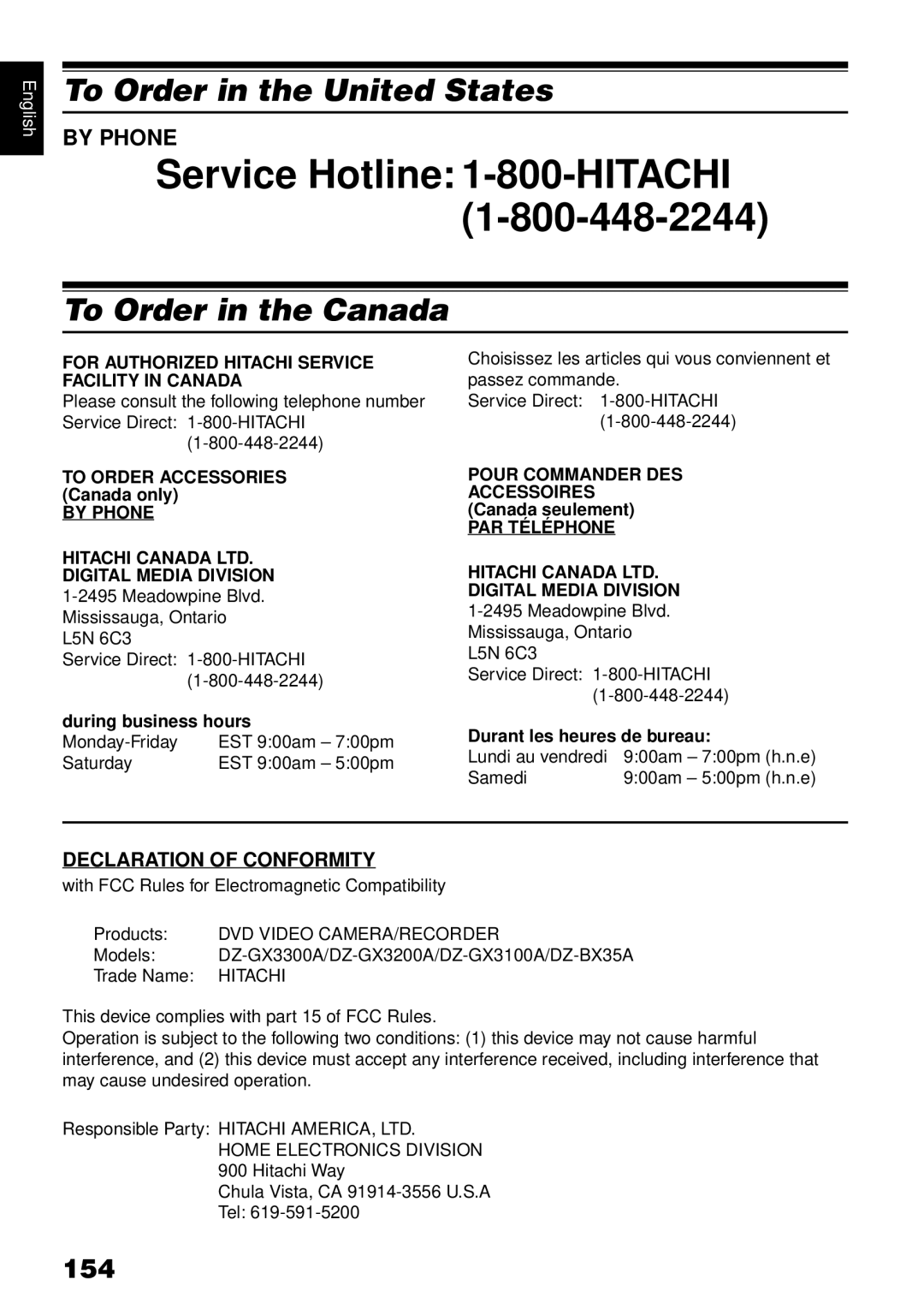 Hitachi DZBX35A instruction manual To Order in the United States, To Order in the Canada, 154, By Phone 