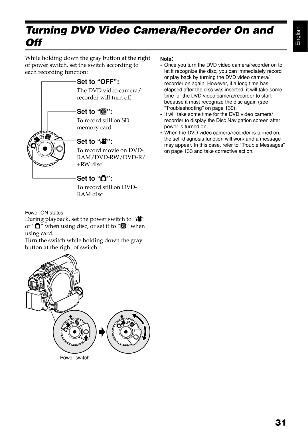 Hitachi DZBX35A instruction manual Turning DVD Video Camera/Recorder On and Off, Set to OFF, Set to P, Set to N 