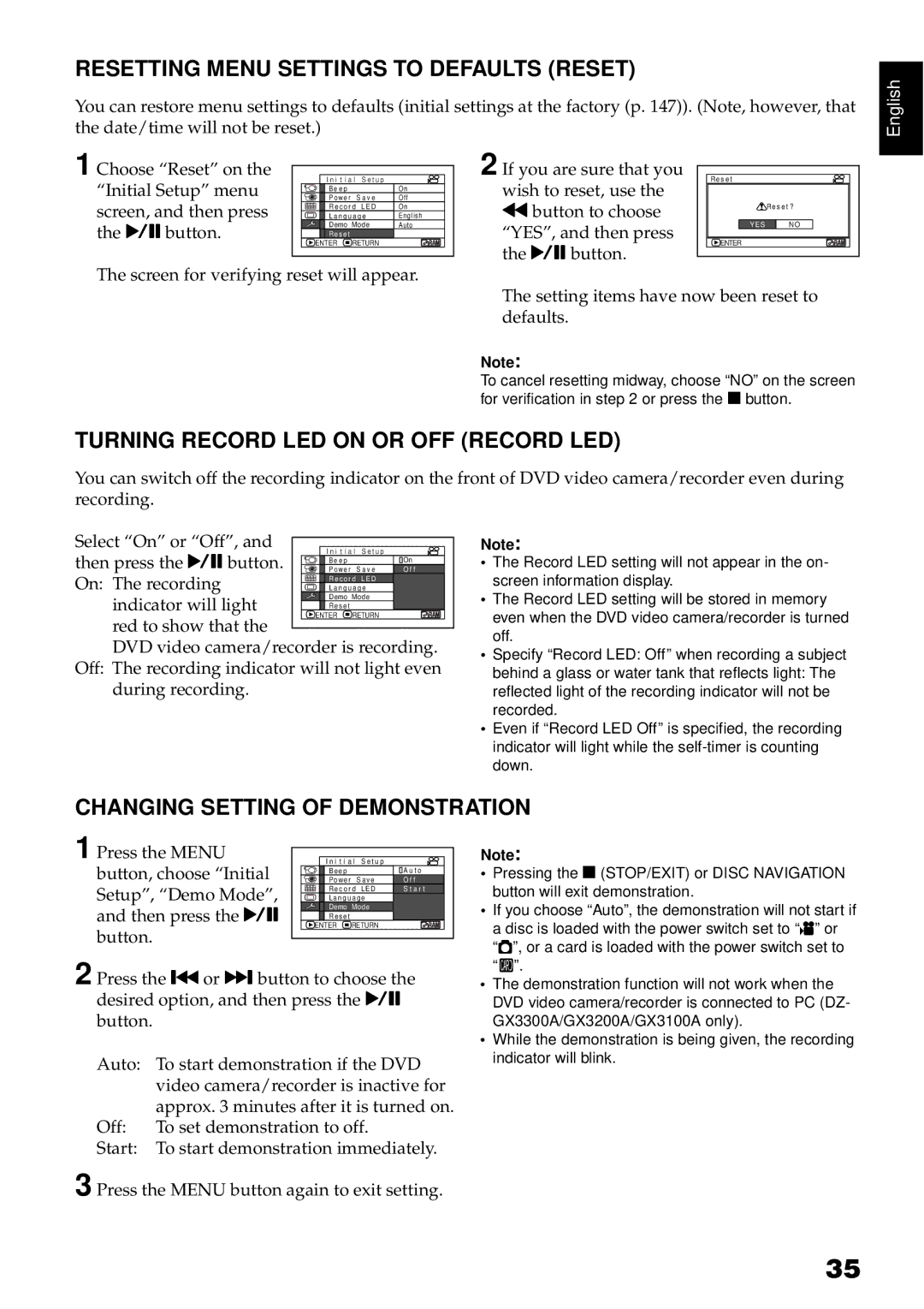 Hitachi DZBX35A instruction manual Resetting Menu Settings to Defaults Reset, Turning Record LED on or OFF Record LED 