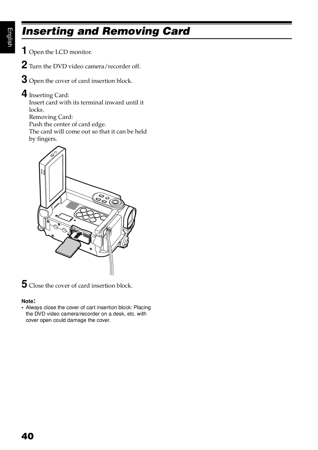 Hitachi DZBX35A instruction manual Inserting and Removing Card 