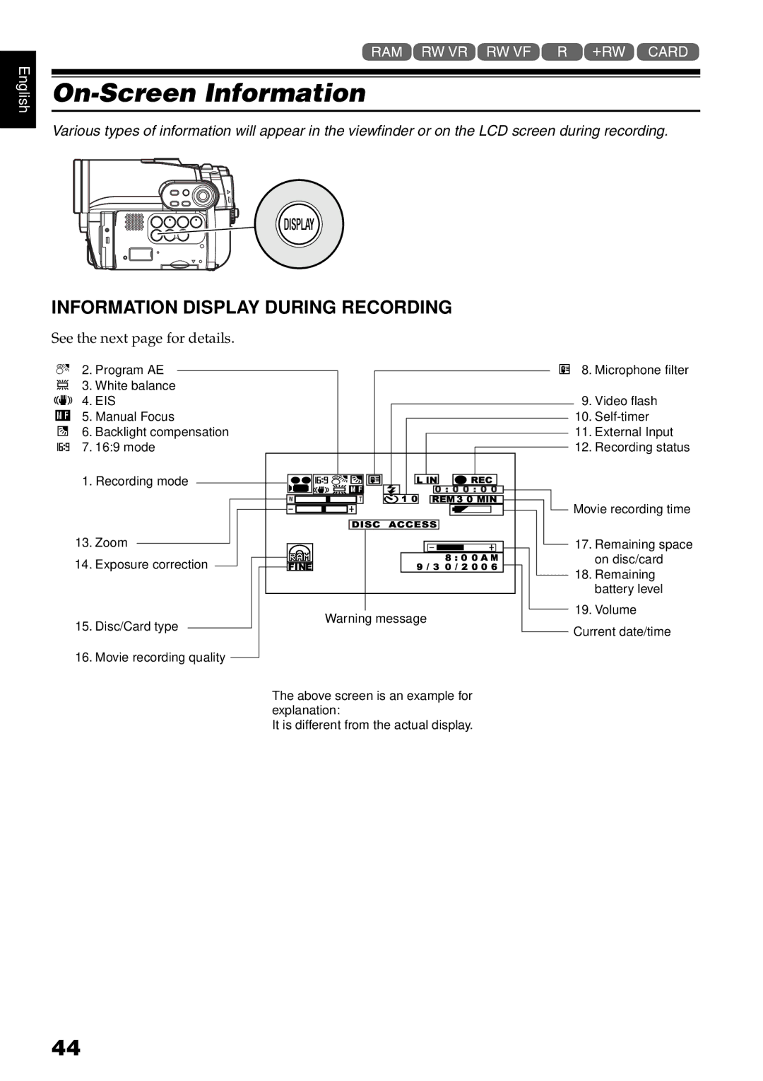 Hitachi DZBX35A instruction manual On-Screen Information, Information Display During Recording 