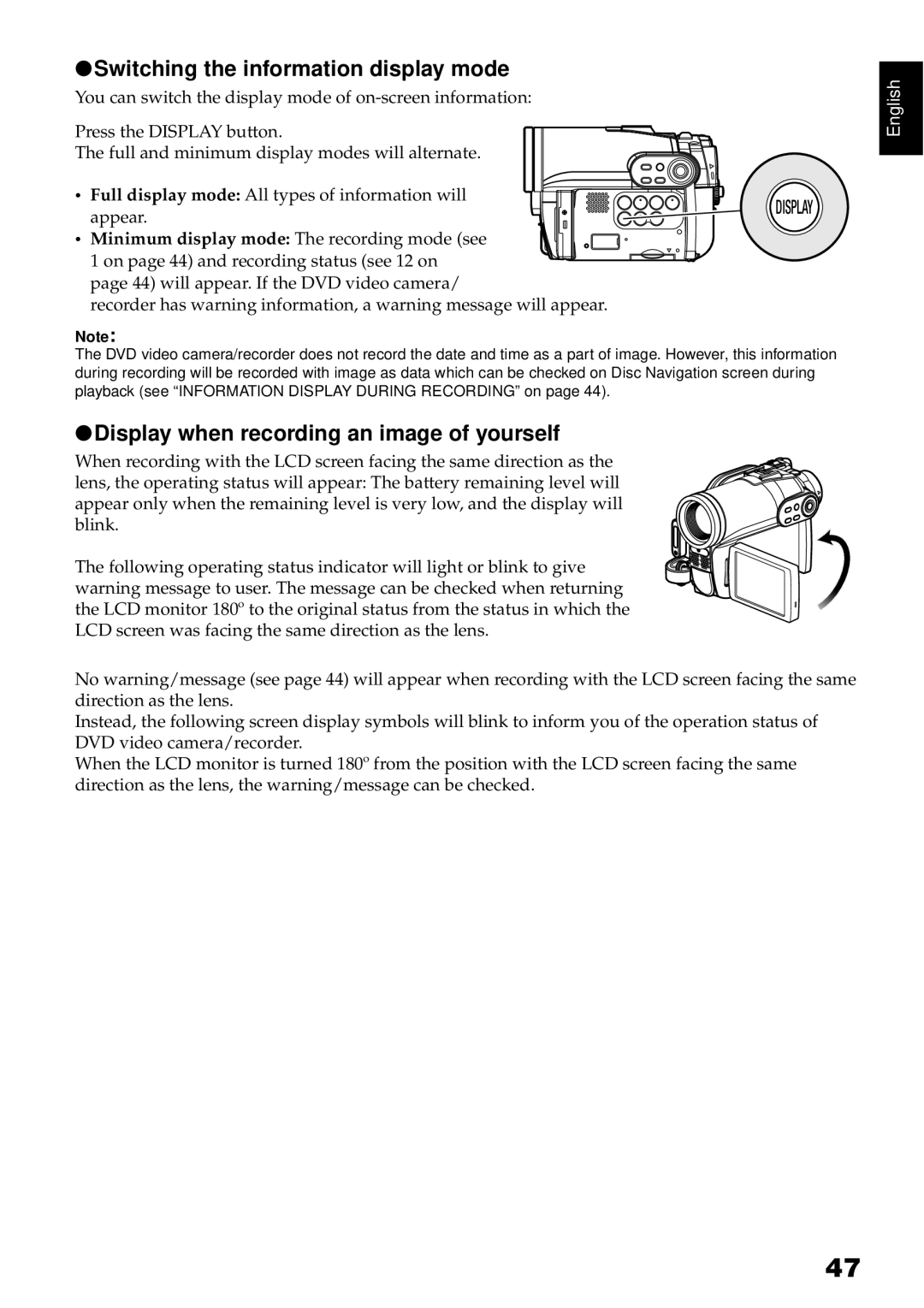 Hitachi DZBX35A instruction manual Switching the information display mode, Display when recording an image of yourself 