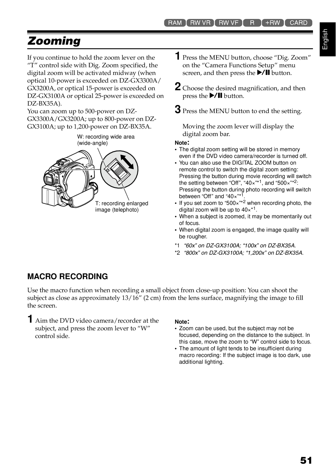 Hitachi DZBX35A instruction manual Zooming, Macro Recording 